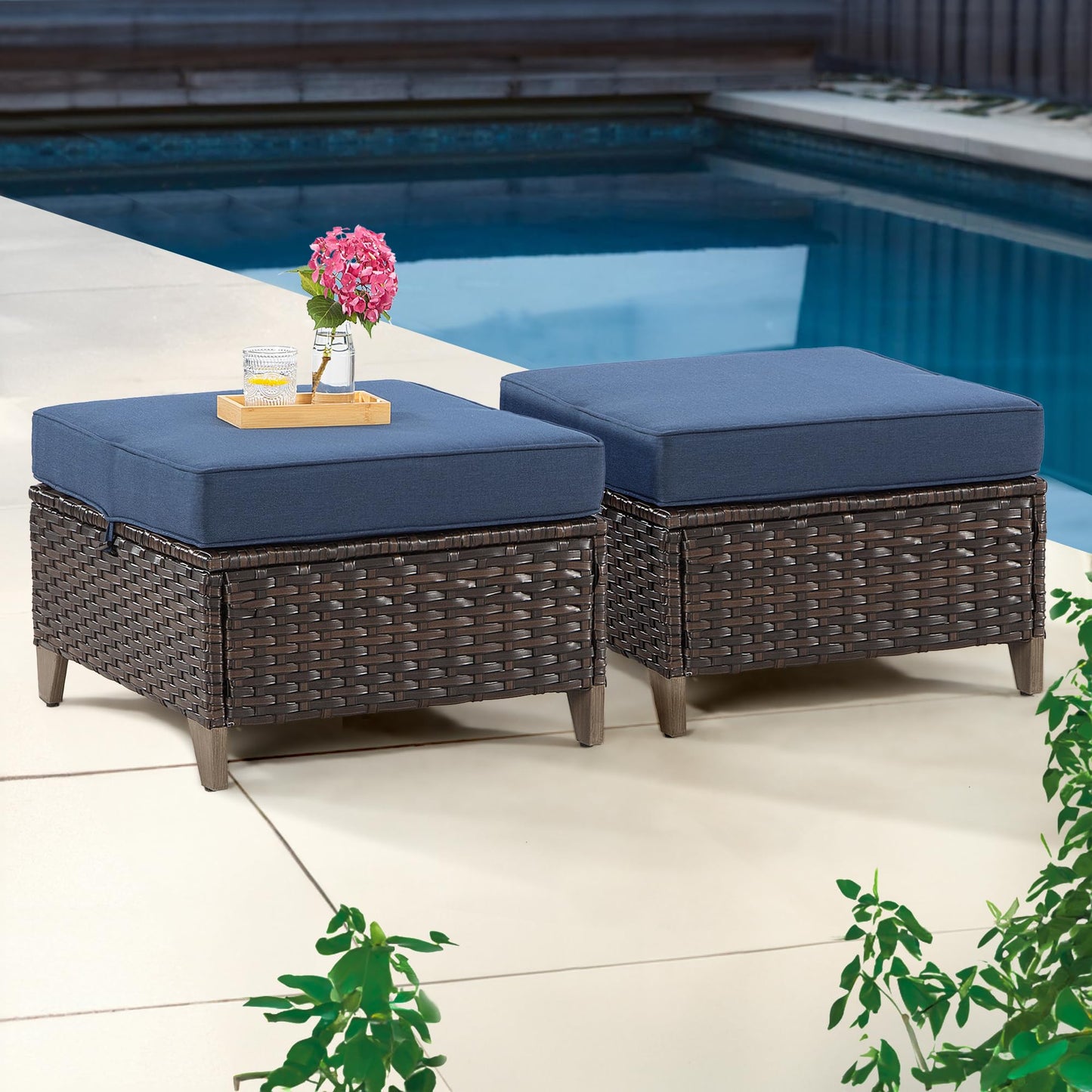Joyside Patio Sofa - 3 Seater Rattan Sofa, All Weather High Back Sofa, Upgraded Large Size with 4inch Seat Cushions for Backyard, Garden, Poolside (Brown/Blue)