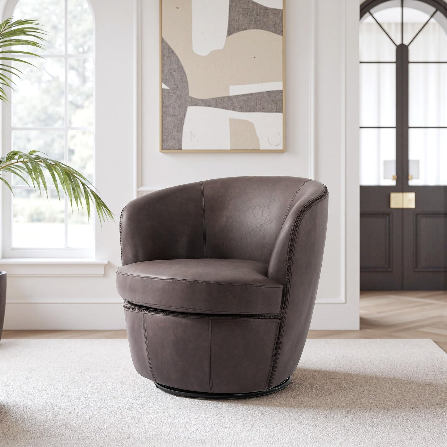 360° Swivel Barrel Accent Chair, Faux Leather Round Swivel Chair for Living Room, Comfy Upholstered Armchair Single Sofa Club Chair for Bedroom Reading Room, No Assembly Required - Light Brown