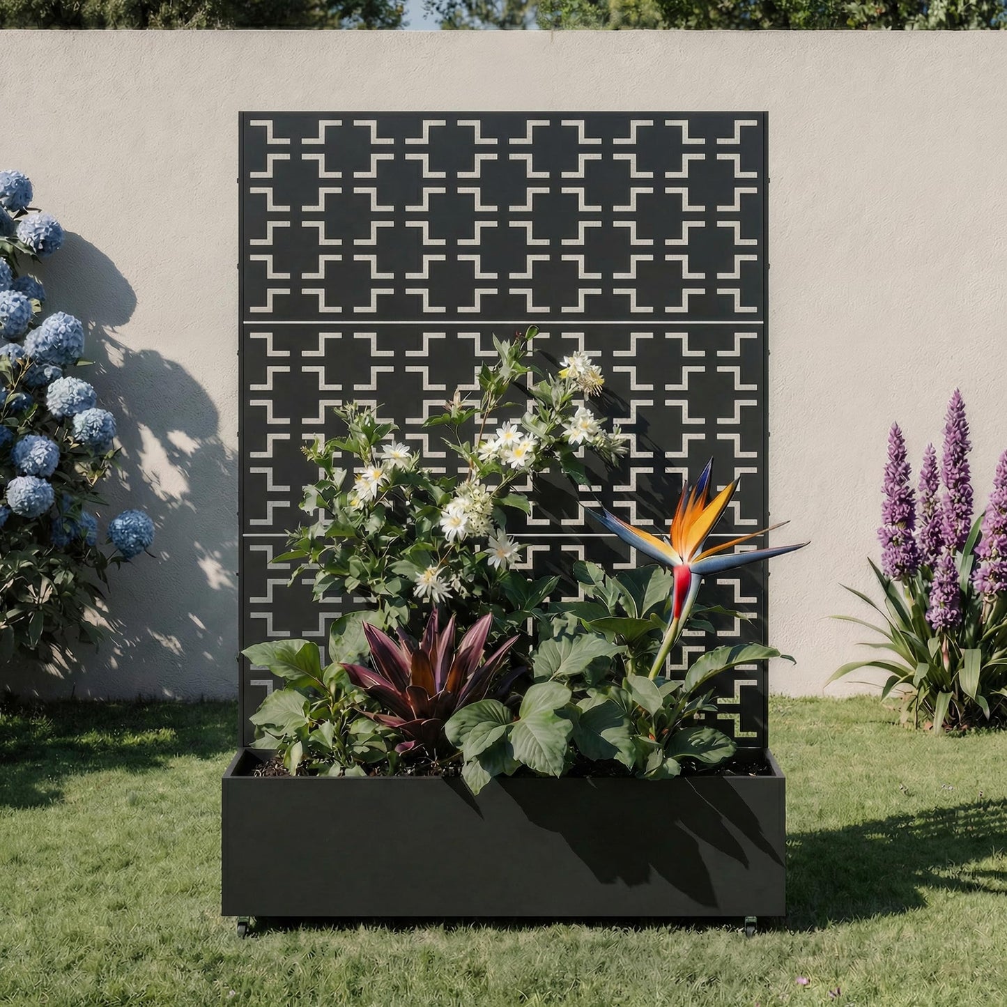 Metal Raised Garden Bed with Trellis and Wheels, 71"x47"x16" Planter Box with Privacy Screen & Drainage Holes, Arched Outdoor Garden Bed for Climbing Plants, Vegetables, Flowers (Black-Square)