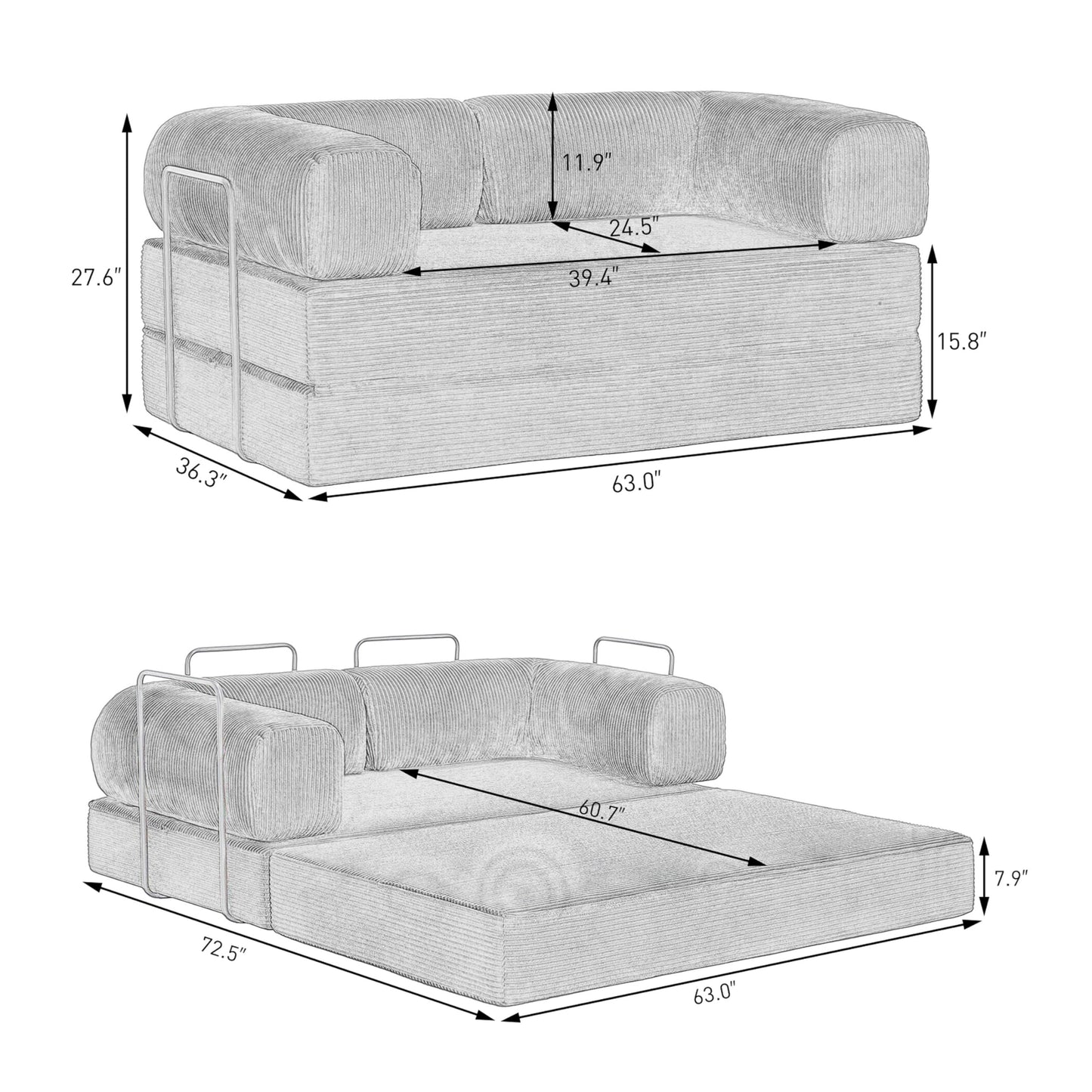 79'' Convertible Sleeper Sofa Bed, 4-in-1 Corduroy Folding Floor Couch, No Assembly Modular Boneless Loveseat with Pull Out Bed, Comfy Foldable Sofa Bed for Living Room Bedroom Guest Room, Gray