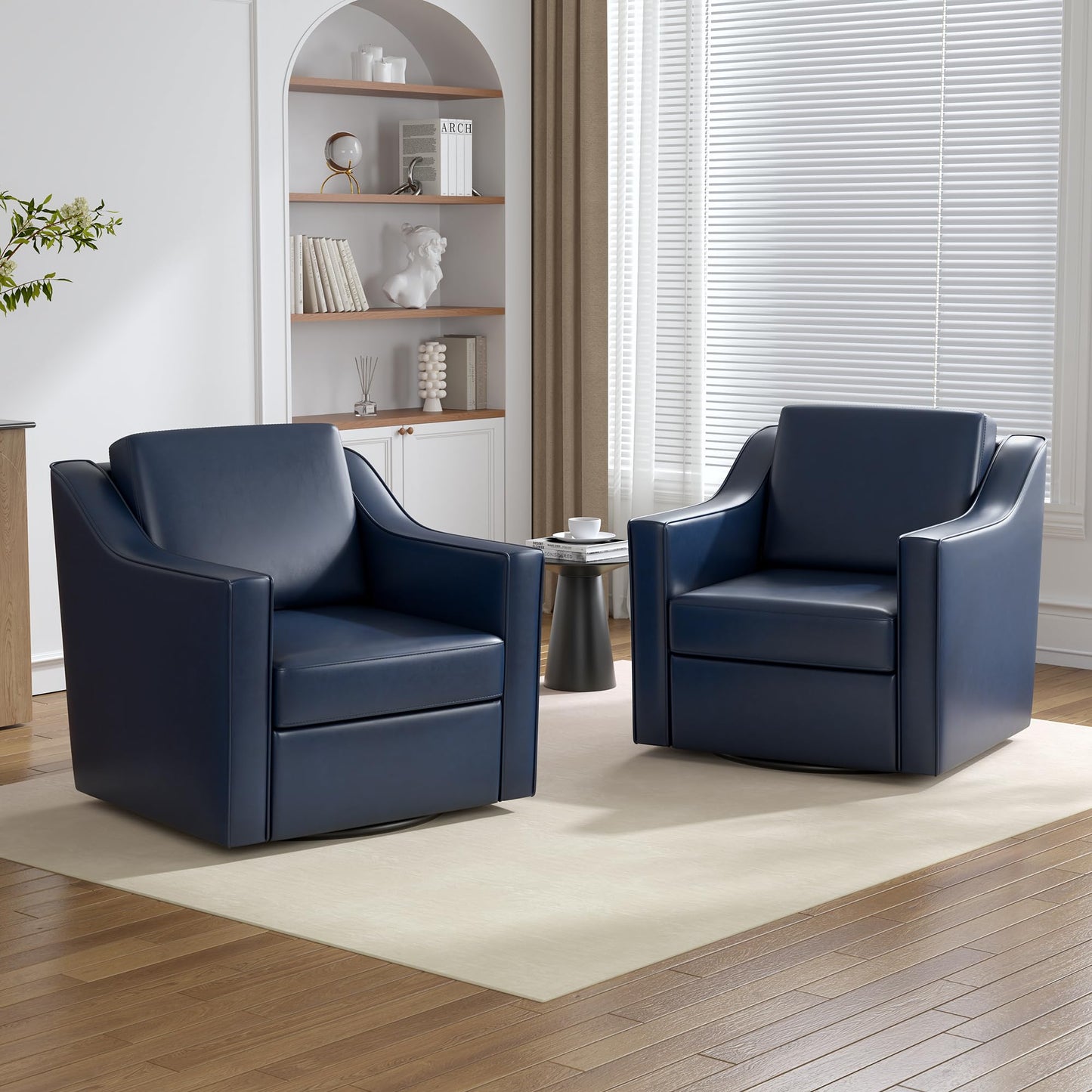 Swivel Accent Chairs Set of 2, 360° Swivel Upholstered Faux Leather Club Armchairs for Living Room, Comfy Single Sofa Reading Chair with Deep Seat, Metal Swivel Base, Coffee