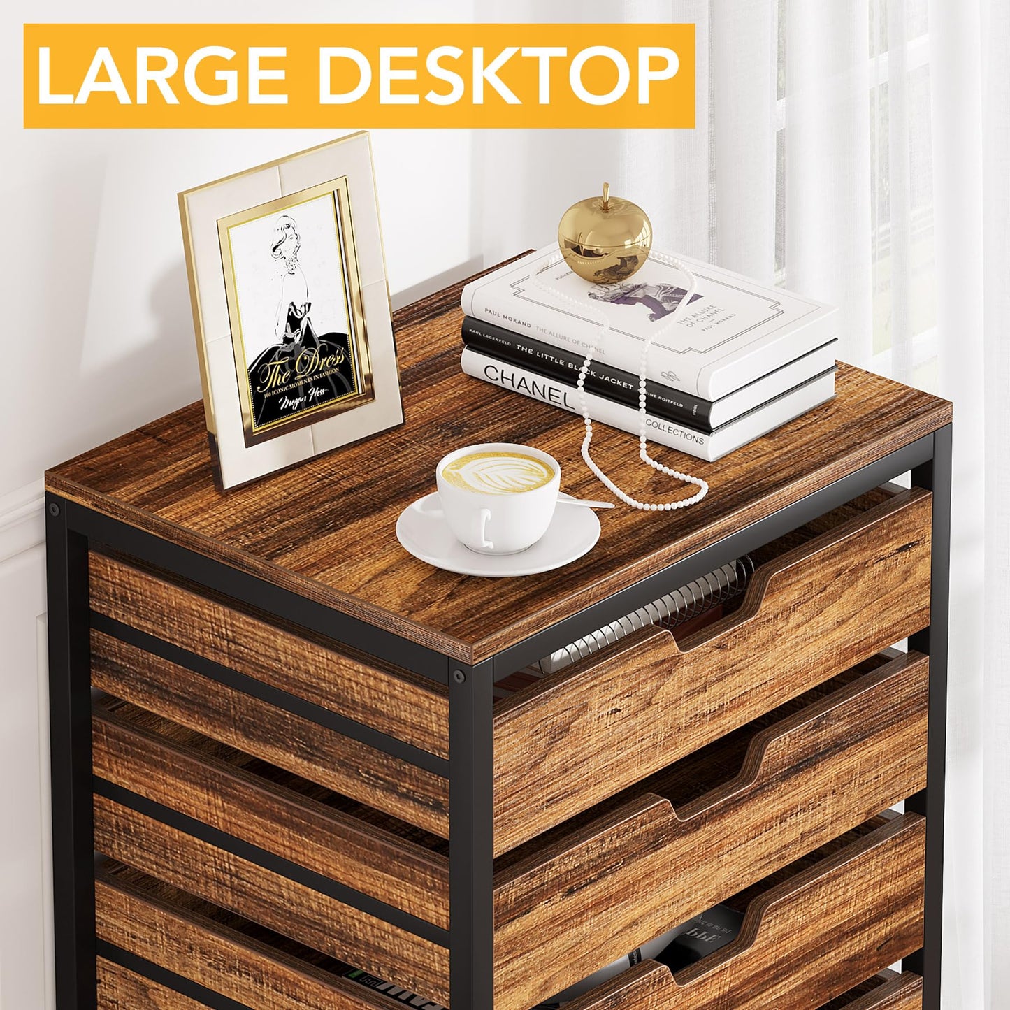 Tribesigns 5 Drawer Chest, Wood Storage Dresser Cabinet with Wheels, Industrial Storage Drawer Organizer Cart for Office Bedroom Entryway (Rustic Brown, 1 PC)