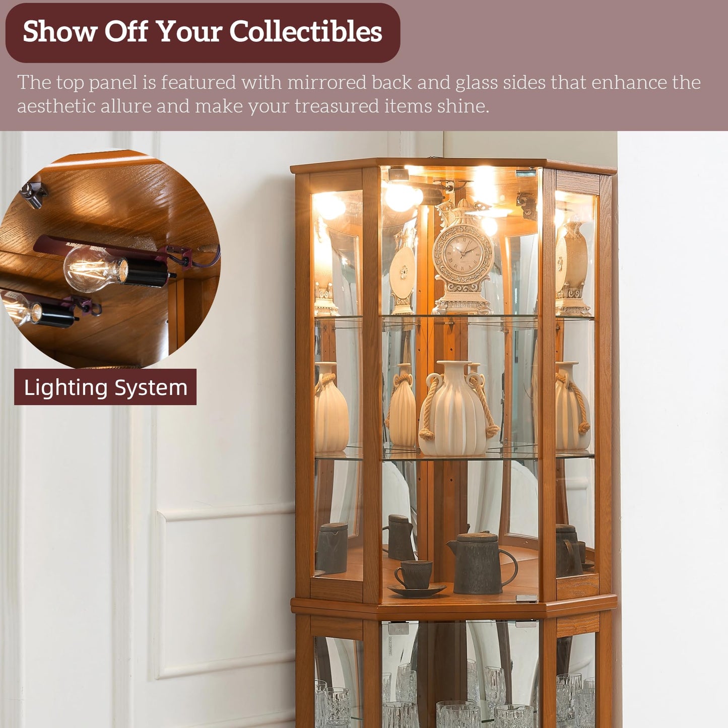 LKTART Corner Curio Cabinet with Lights, Glass Display Cabine, 72" Tall Corner Storage Cabinet with Mirrored Back Panel &Tempered Glass Doors and Adjustable Shelves (Oak)