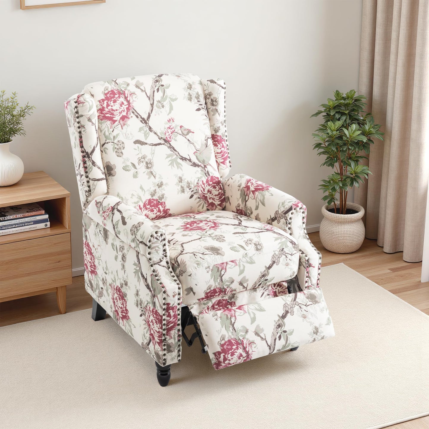 Pushback Recliner Chair, Printed Fabric Wingback Recliner Chair for Living Room, Upholstered Armchair Push Back Recliner with Wood Legs, Rivet Trim Wingback Accent Chair for Bedroom, Navy