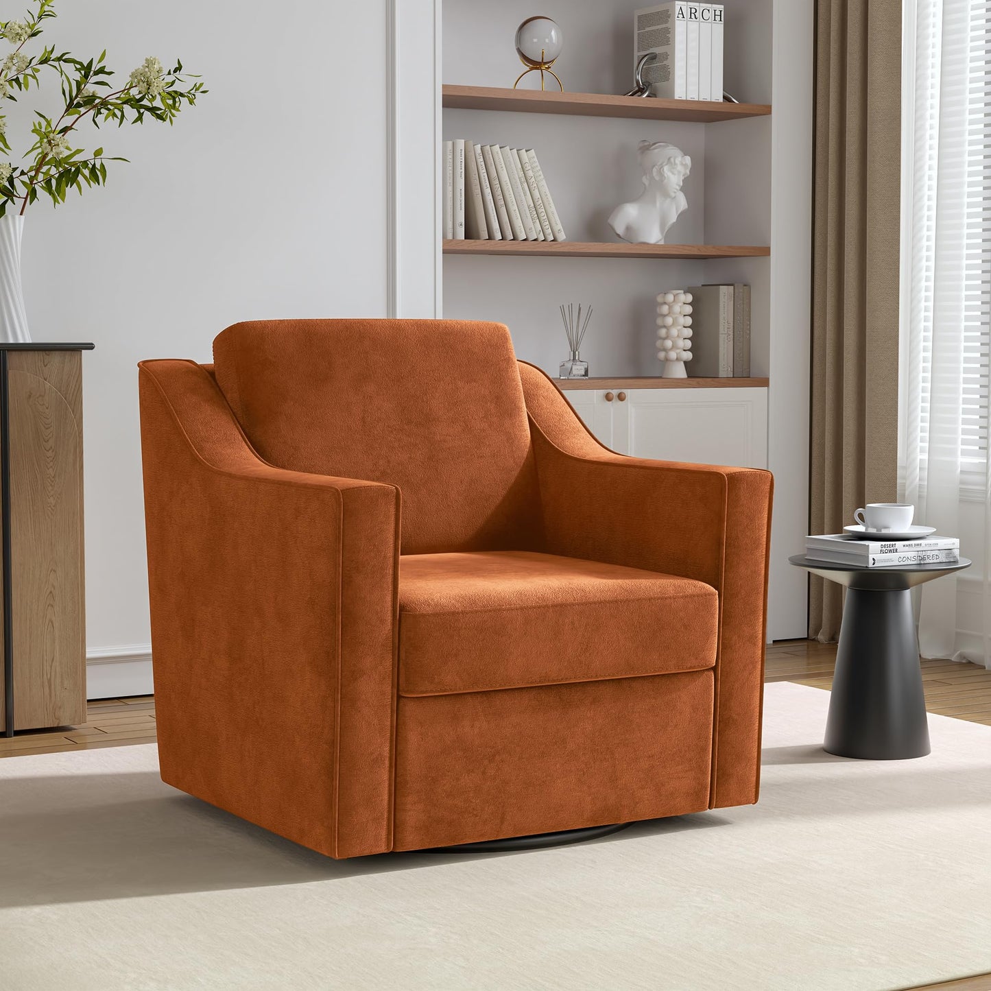 Swivel Accent Chairs Set of 2, 360° Swivel Upholstered Faux Leather Club Armchairs for Living Room, Comfy Single Sofa Reading Chair with Deep Seat, Metal Swivel Base, Coffee