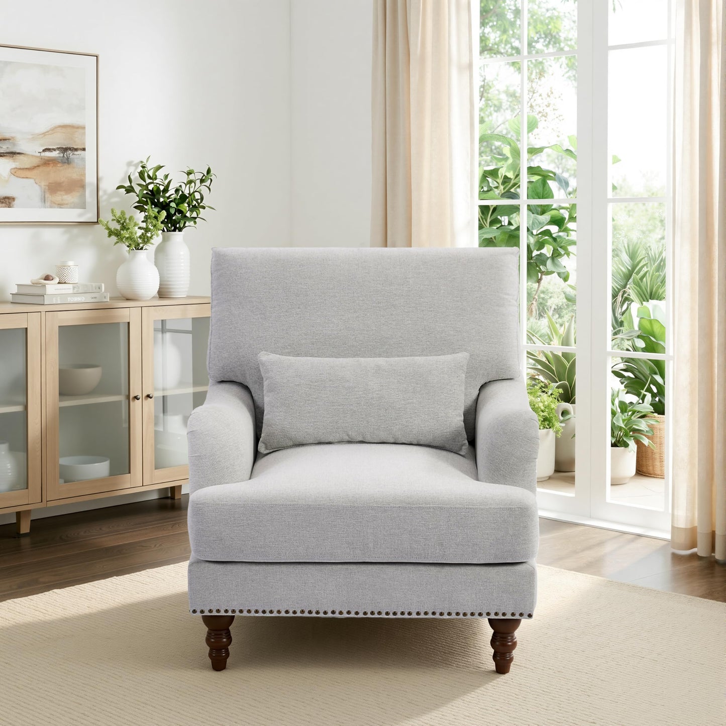 Accent Chair for Living Room, Upholstered Armchair with Nailhead Trim & Solid Wood Legs, Mid Century Modern Club Chair for Bedroom/Reading Room, Rococo Green