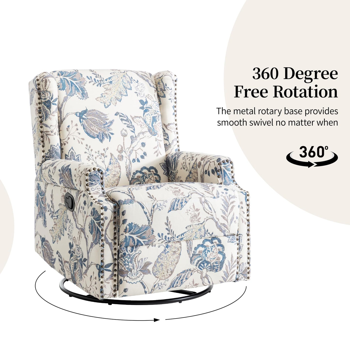 Swivel Rocker Recliner Chair, 360° Swivel Wingback Recliner Chairs for Adults, Upholstered Printed Fabric Glider Rocking Chair with High Back, Deep Seat for Living Romm Bedroom, Bird