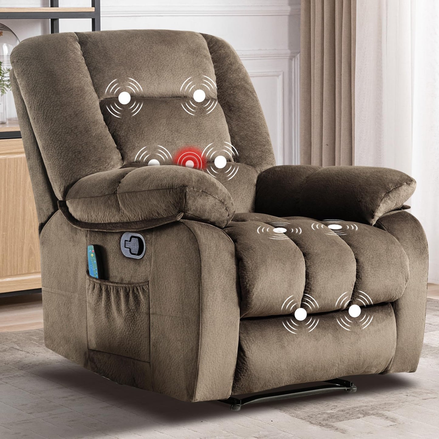 IOMOR Massage Recliner Chair with Heat and Massage, Ergonomic Overstuffed Breathable Fabric Reclining Chairs, Single Sofa Chair with Side Pockets for Living Room Home Theater (Dark Gray)