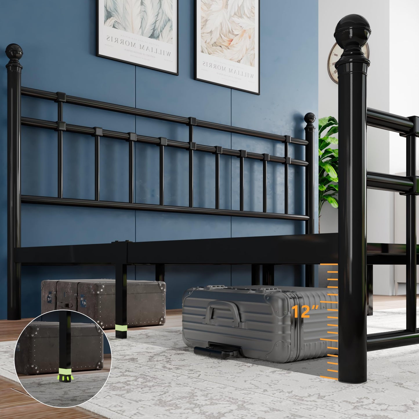 Einhomn King Size Metal Platform Bed Frame with Victorian Iron-Art Tall Headboard and Footboard, Mattress Foundation for Under Bed Storage/Heavy Duty Steel Slat Supported, No Box Spring Needed, Black