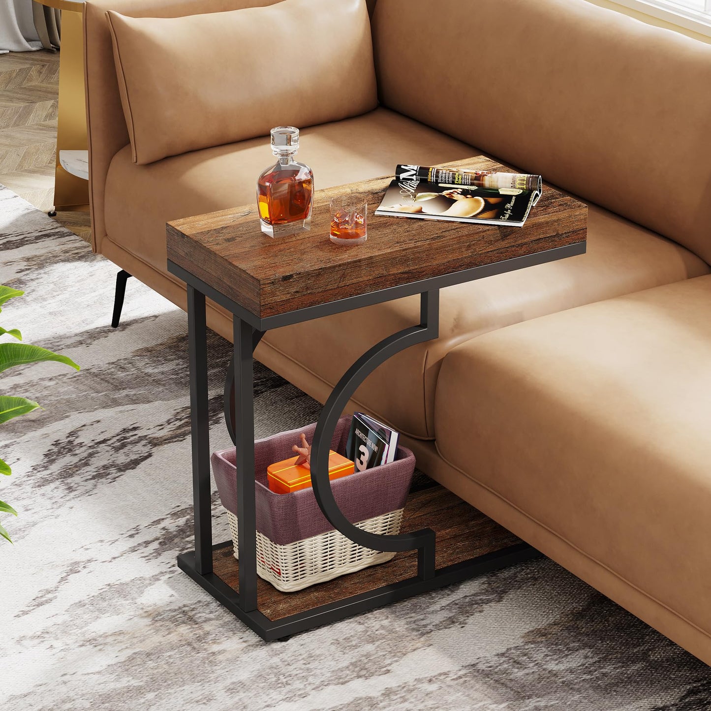 Tribesigns Narrow Side Table for Couch, C Shaped End Table with Metal Frame, Modern Bedside Tables, Small Sofa Tables for Small Spaces, Living Room (1, Brown+Black)