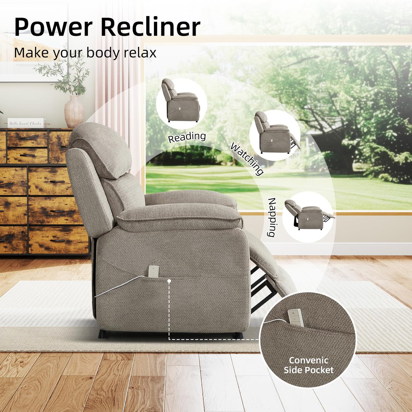 IOMOR Power Recliner Chair, Electric Recliner for Adults, Reclining Sofa Chair, Adjustable Home Theater Seating with Side Pocket for Small Space, Living Room (1, Dark Gray, Single Recliner)