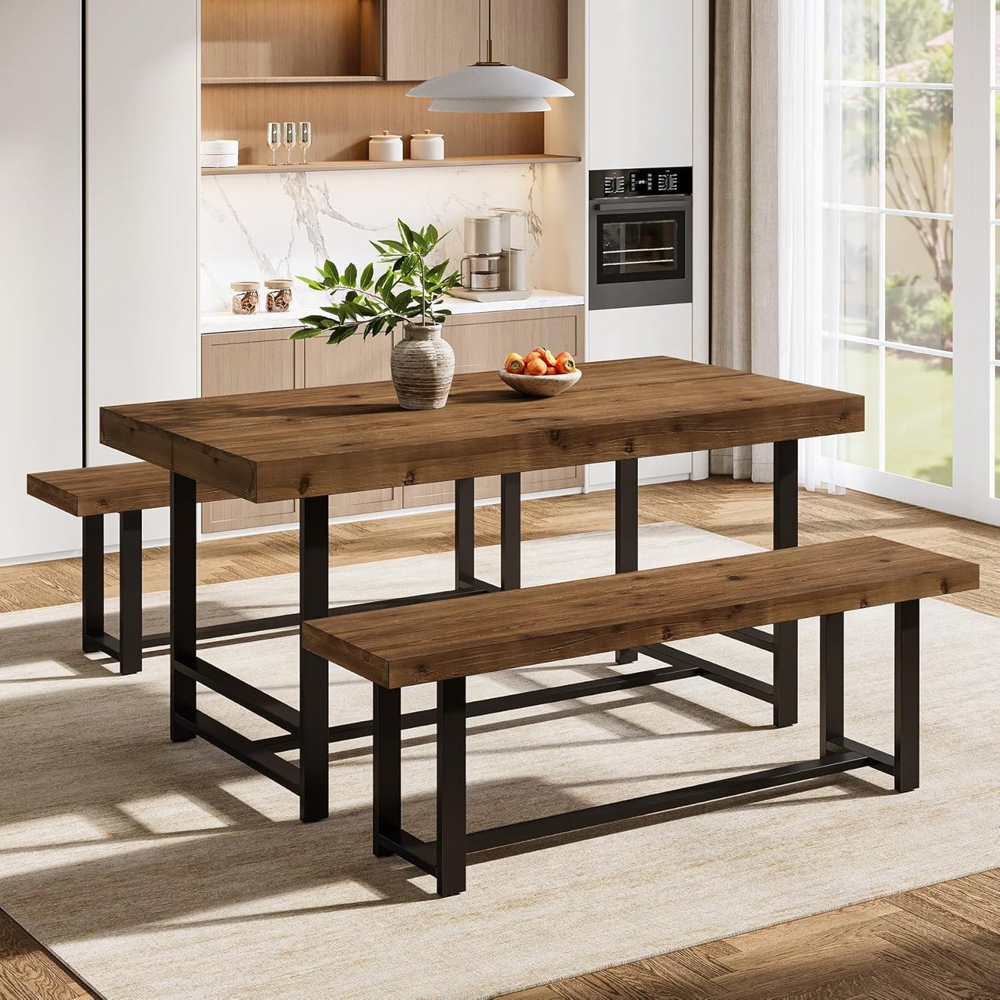 Solid Wood Dining Table Set for 4-6, 55.12" Industrial Farmhouse Kithcen Table with 2 Benches, Space Saving 3-Piece Rectangle Dinette Set & Chairs for Dining Room, Breakfast Nook, Small Space