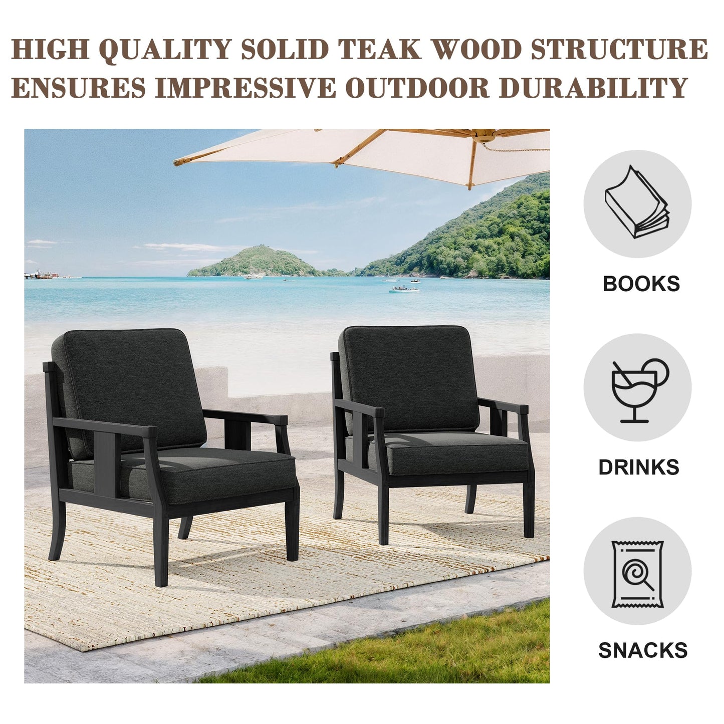 Outdoor Patio Armchairs Set of 2, All-Weather Solid Wood Patio Furniture Sets, Outdoor Sofa Chairs with Washable Thick Cushions for Porch, Balcony, Deck, Black Frame & Gray Cushion
