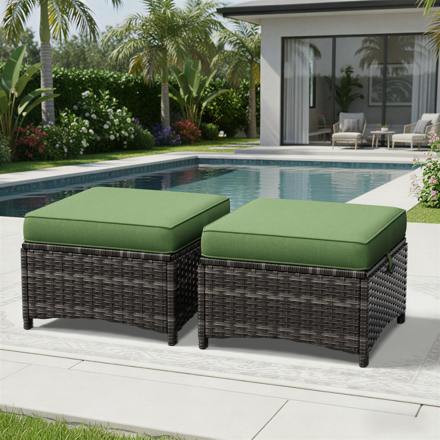 Joyside Outdoor Ottoman Set of 2, Patio Large Ottoman Foot Rest with Thickened Cushions, Outdoor Wicker Foot Stool for Porch, Deck Use