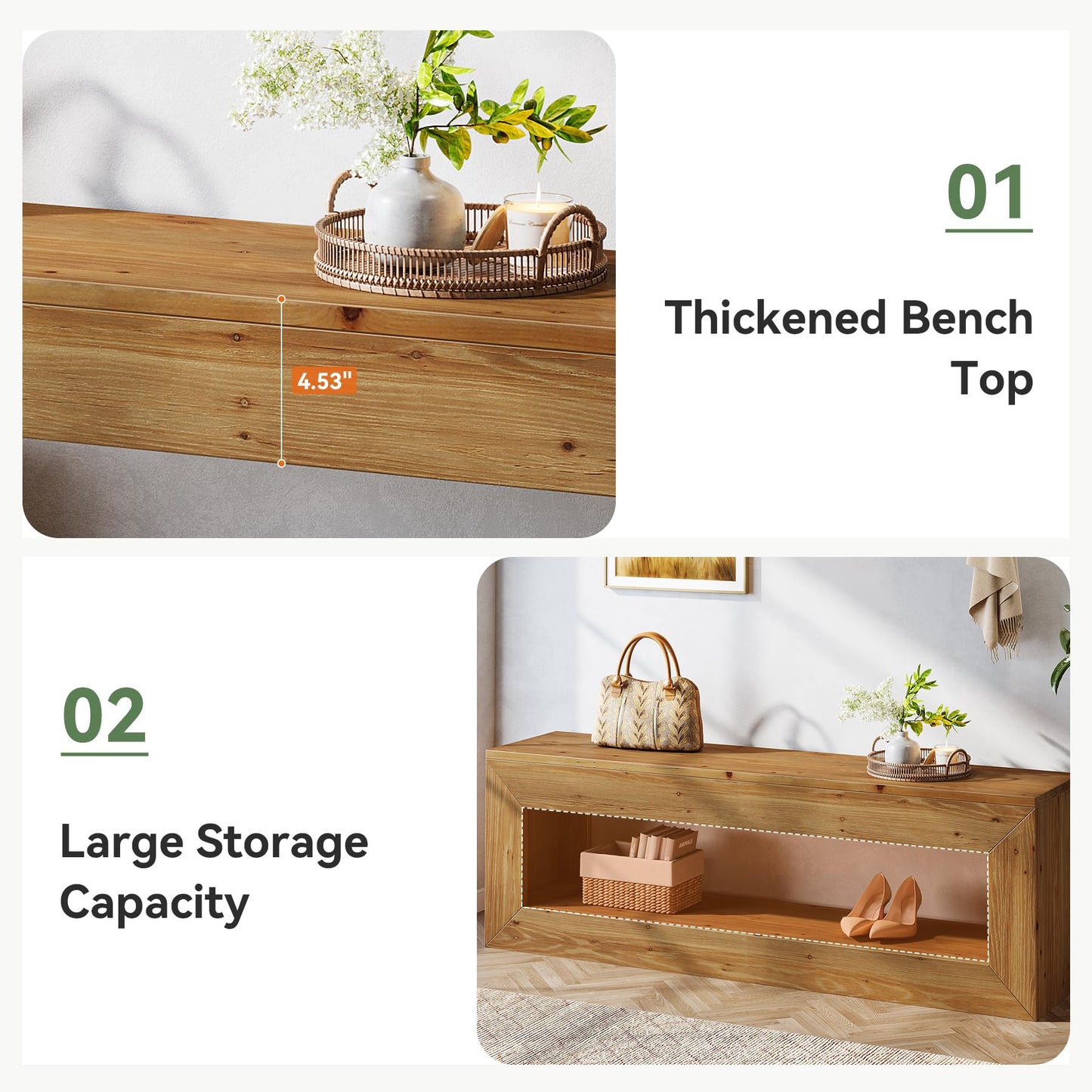 Solid Wood Entryway Bench, 47" Rustic Farmhouse Indoor Bench Seat with Storage Shelf for Entrance, Hallway, End of Bed