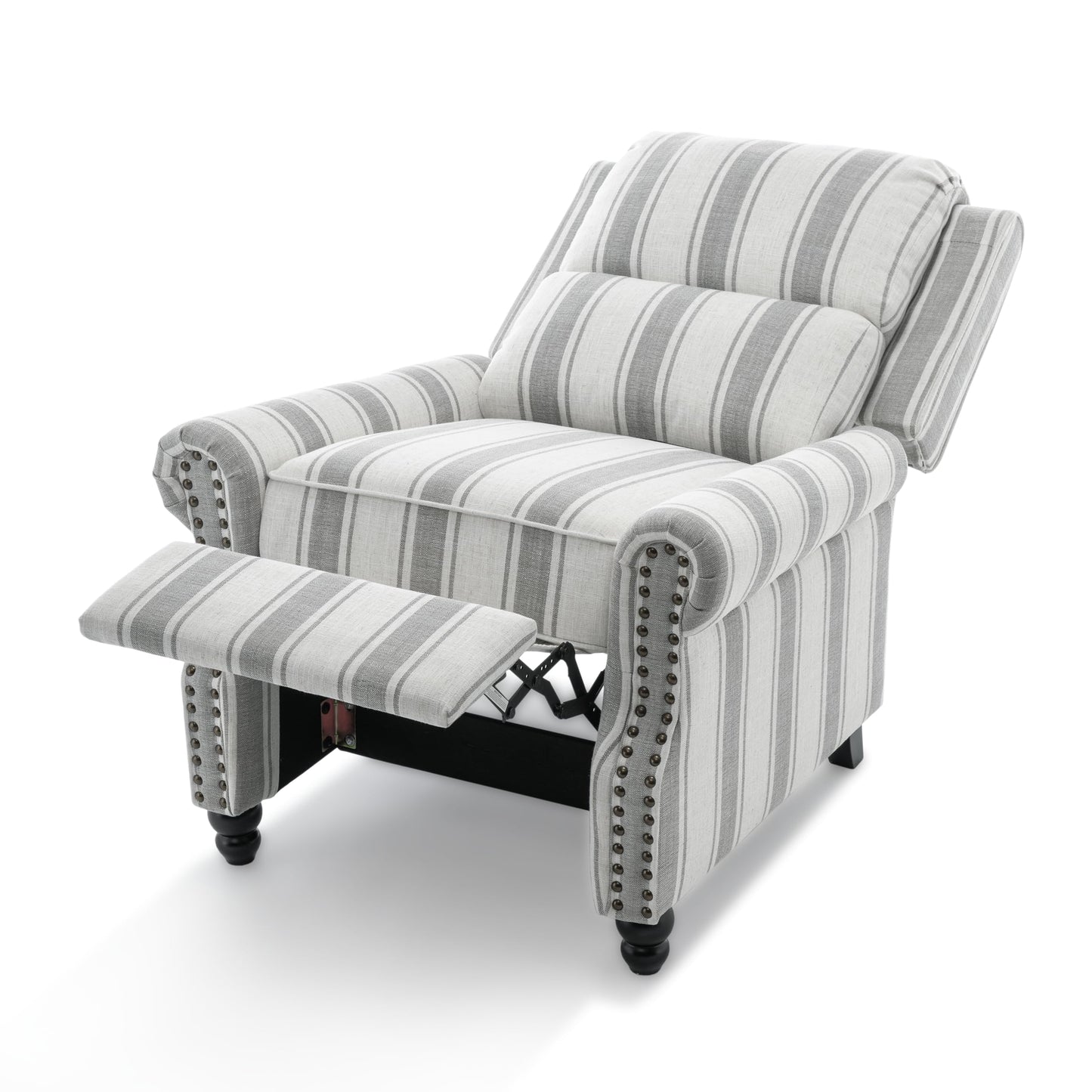 Pushback Recliner Chairs Set of 2, Comfy Fabric Wingback Recliner Chair, Upholstered Armchair Push Back Recliner with Wood Legs, Rivet Trim Accent Chair for Living Room, Bedroom, Blue Stripe
