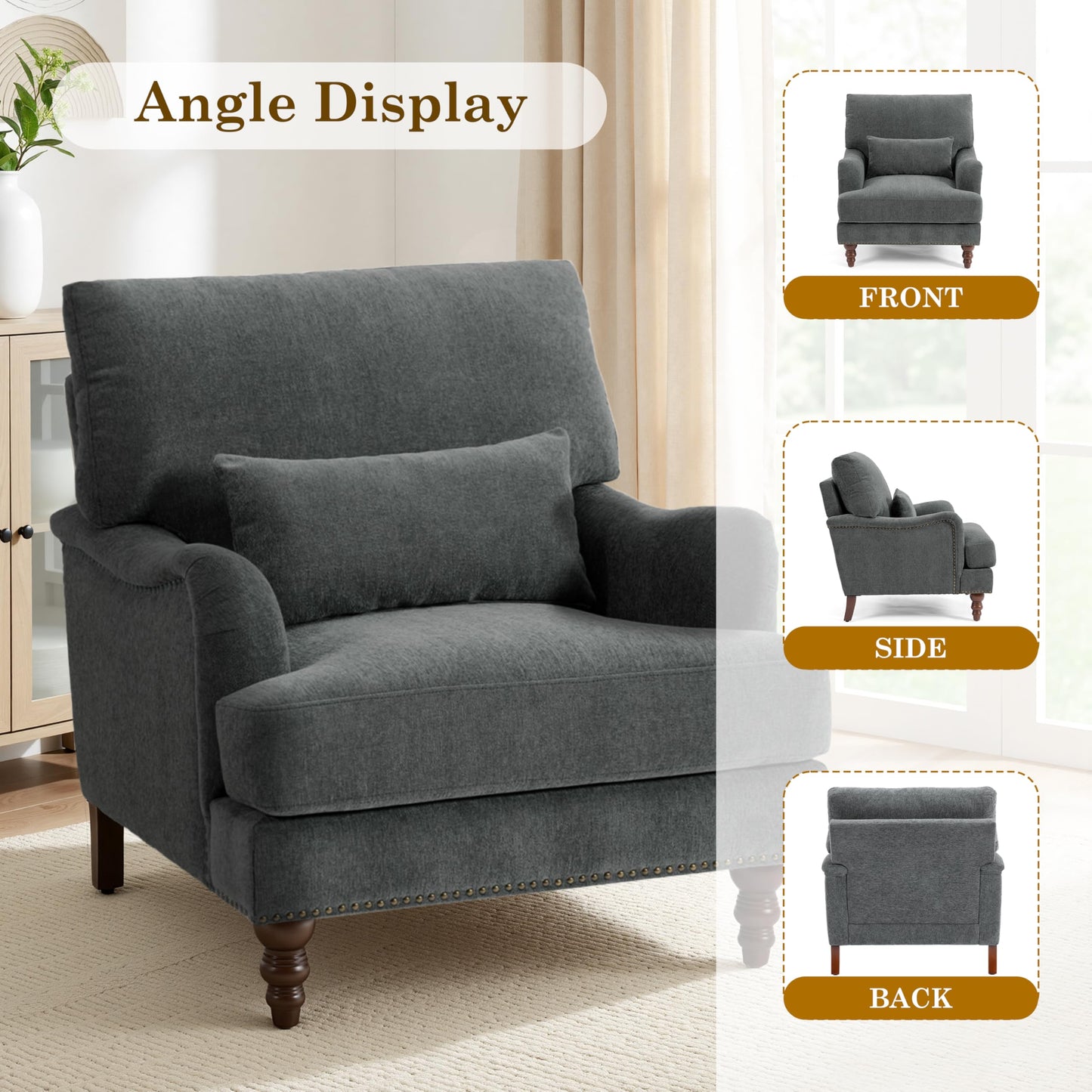 Accent Chair for Living Room, Upholstered Armchair with Nailhead Trim & Solid Wood Legs, Mid Century Modern Club Chair for Bedroom/Reading Room, Rococo Green