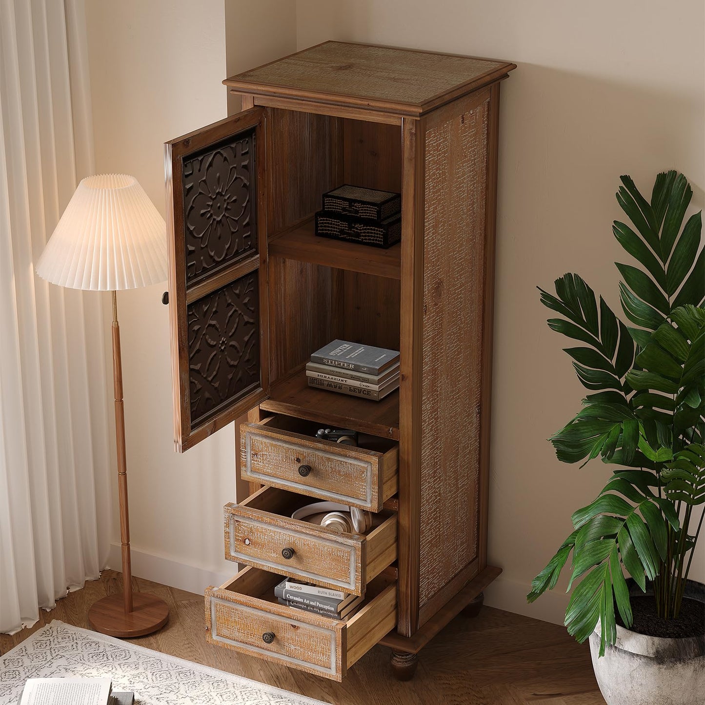 LKTART KTART 55'' Tall Kitchen Pantry Cupboard Storage Cabinet with Shelves & Drawer,French Country Accent Cabinet with Embossed Floral Metal Doors and Solid Wood Frame,Natural Wood