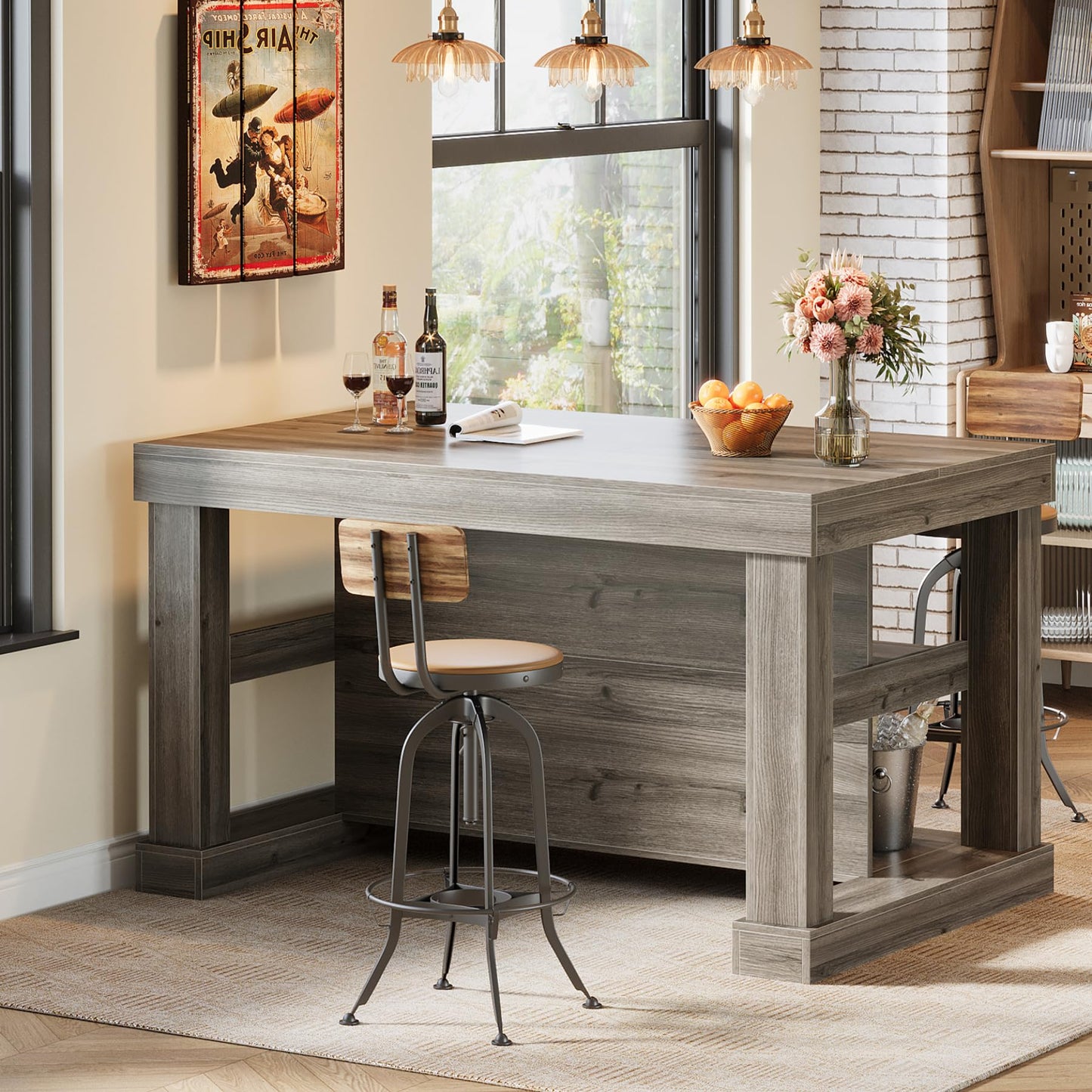 Tribesigns 55" Kitchen Island with Seating and Storage, 3-Tier Farmhouse Wood Stationary Island Table with Large Worktop & Leg Room, Coffee Bar Table with Storage Shelves for Kitchen, White and Brown