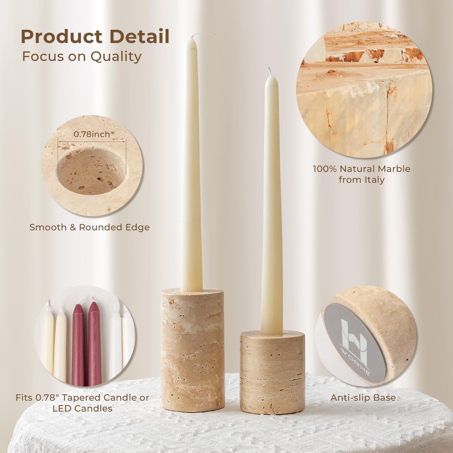 Candle Holders True Natural Marble Set of 2 Decorative Candlestick Holder for Table Centerpieces Home Dinning Party Wedding Birthday Premium Candles Stand for 3/4 inch Candles Beige (ZT017R)