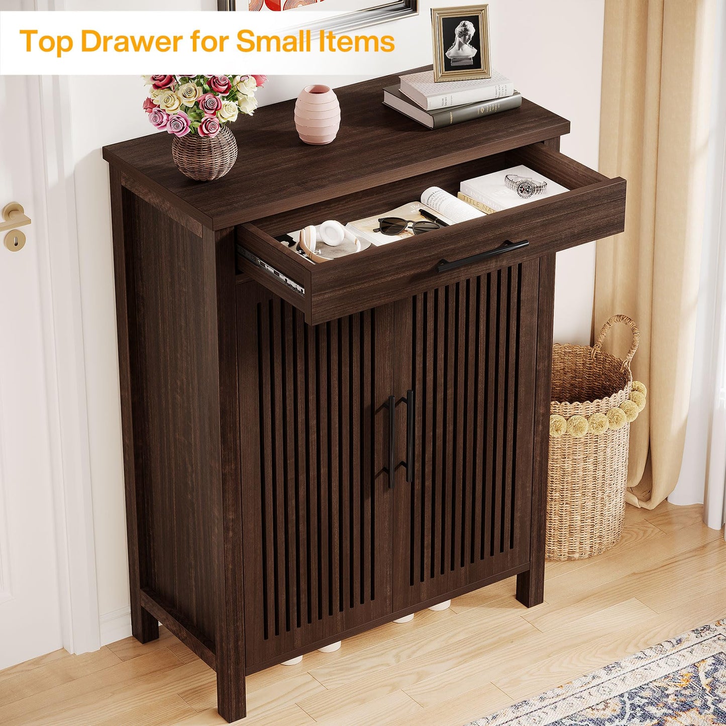 Tribesigns Shoe Cabinet, 5-Tier Shoe Storage Cabinet with Louvered Doors and Drawer, Freestanding Wooden Shoe Rack Organizer with Adjustable Shelves for Entryway, Hallway, Closet, Brown