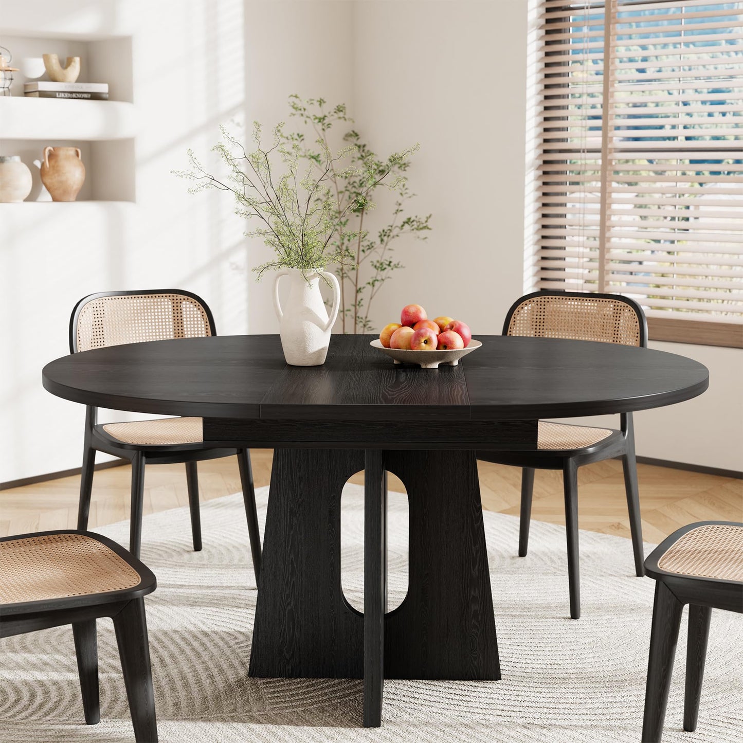 Epecoya 59-Inch Extendable Round to Oval Pedestal Dining Table, Farmhouse Wood Kitchen Table for 4-6 People, Space-Saving Expandable Dinner Table with Heavy Cross Base, Dark Brown Walnut