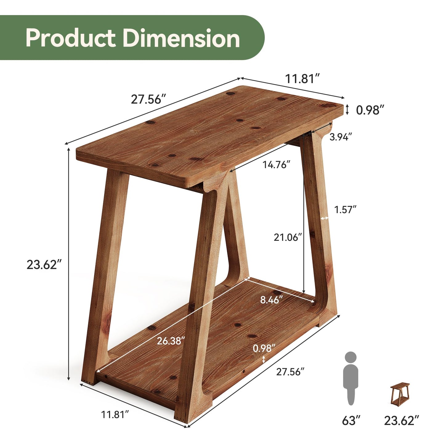 2-Tier Solid Wood End Table, Narrow Side Table, Rectangle Farmhouse Nightstand for Living Room, Bedroom, Easy Assembly, Trapezoidal Base (1, Natural Brown)