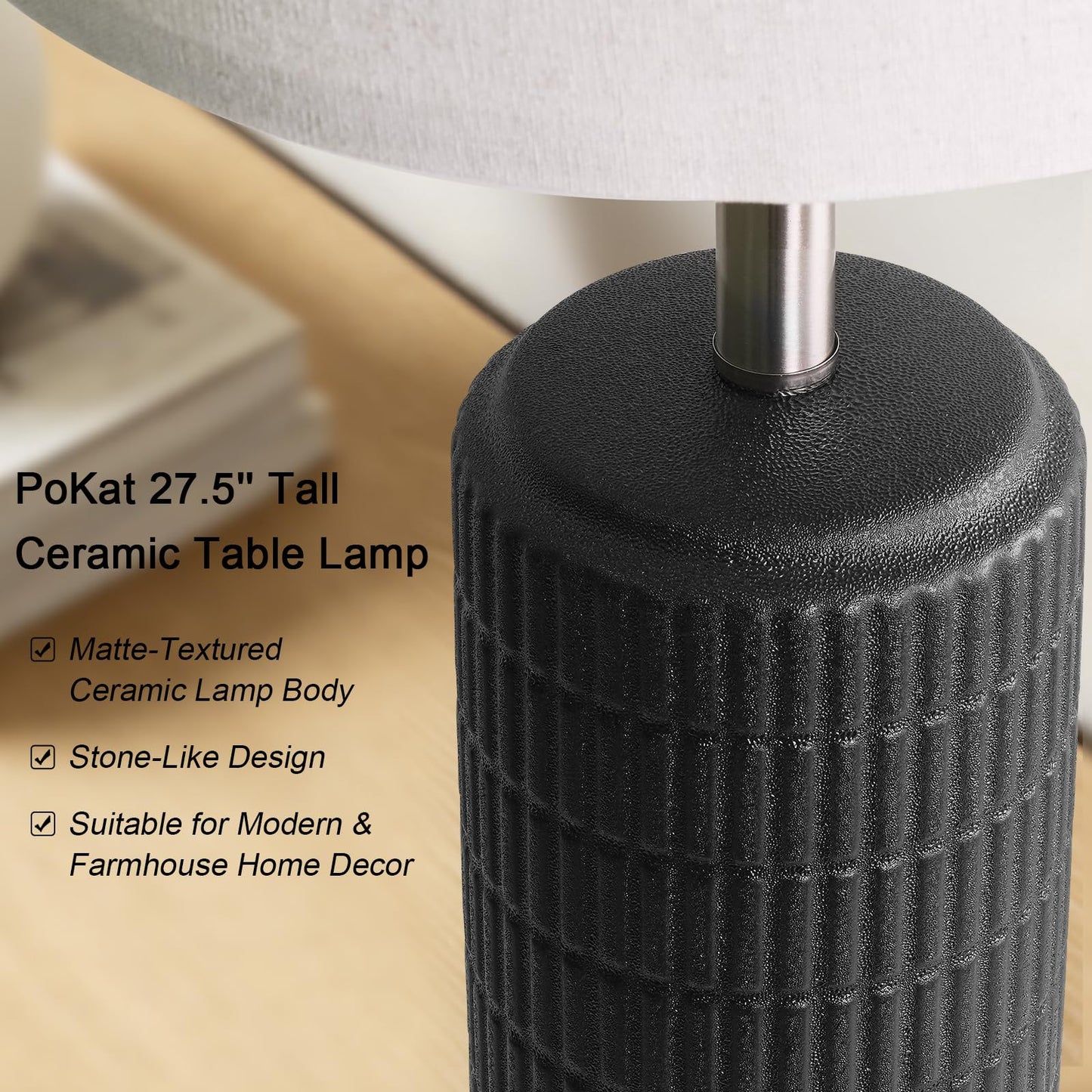PoKat 27'' Farmhouse Table Lamps Set of 2 for Living Room, Stone-Like Bedside Lamp for Bedroom, Boho Ceramic Tall Lamps for Nightstand Office Sideboard Entryway Distressed (Antique Beige)