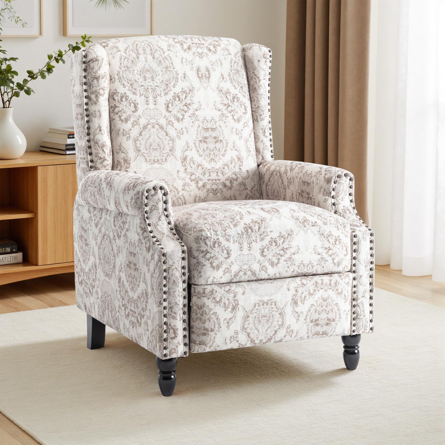 Pushback Recliner Chair, Printed Fabric Wingback Recliner Chair for Living Room, Upholstered Armchair Push Back Recliner with Wood Legs, Rivet Trim Wingback Accent Chair for Bedroom, Navy