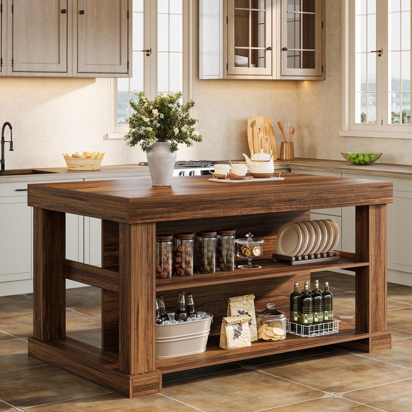 Tribesigns 55" Kitchen Island with Seating and Storage, 3-Tier Farmhouse Wood Stationary Island Table with Large Worktop & Leg Room, Coffee Bar Table with Storage Shelves for Kitchen, White and Brown