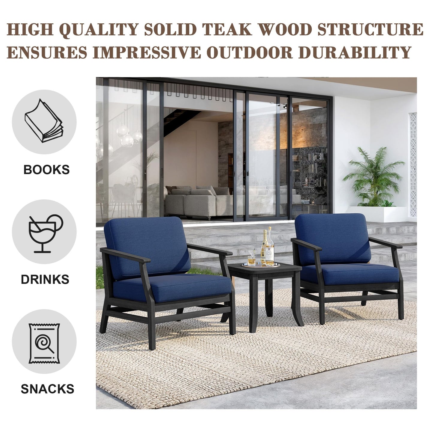 Outdoor Patio Armchairs, 2 Pieces Solid Wood Patio Furniture Sets with Washable Thick Cushions, All-Weather Outdoor Sofa Chairs for Backyard, Garden, Poolside, Natural Frame & Dark Gray Cushion