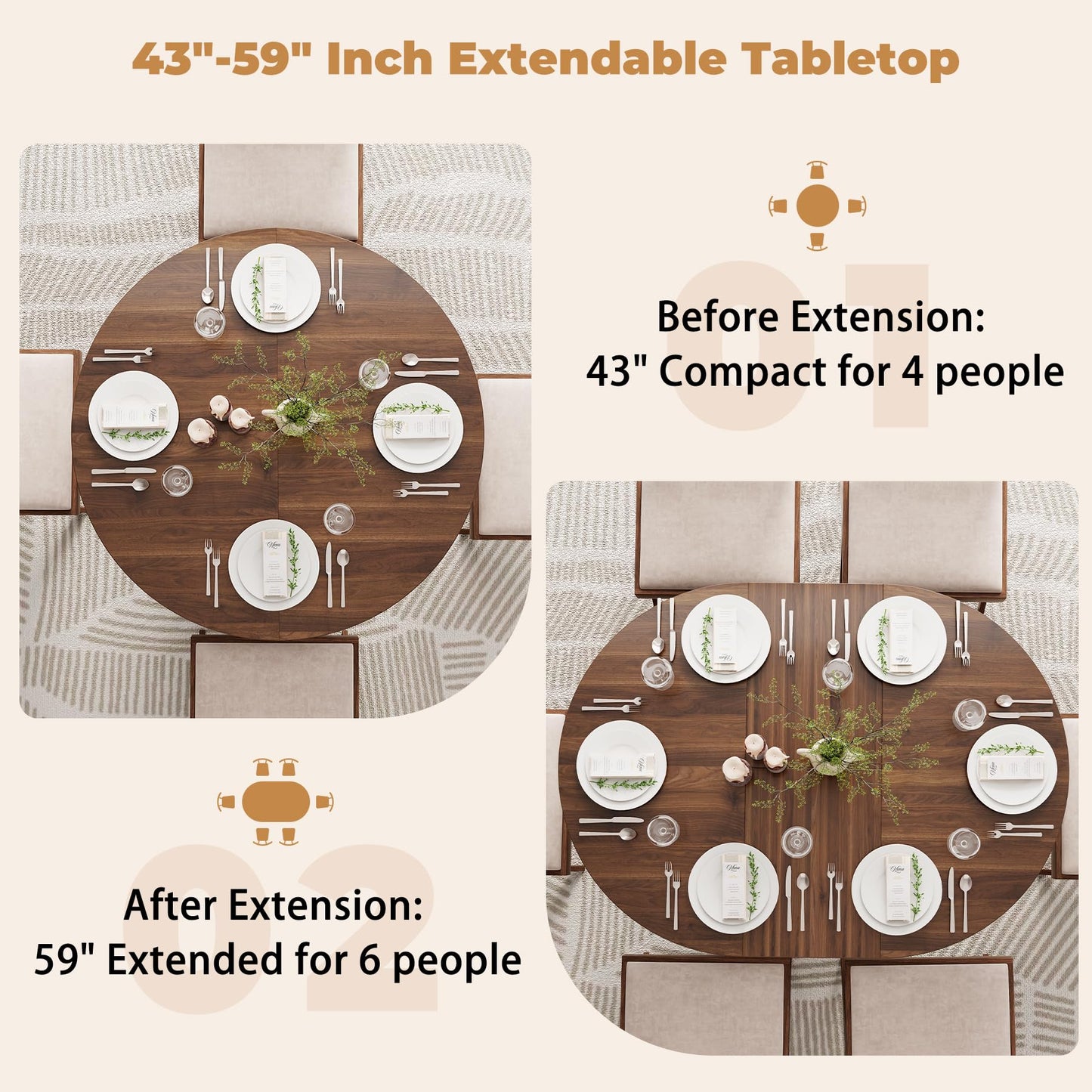 Epecoya 59-Inch Extendable Round to Oval Pedestal Dining Table, Farmhouse Wood Kitchen Table for 4-6 People, Space-Saving Expandable Dinner Table with Heavy Cross Base, Dark Brown Walnut