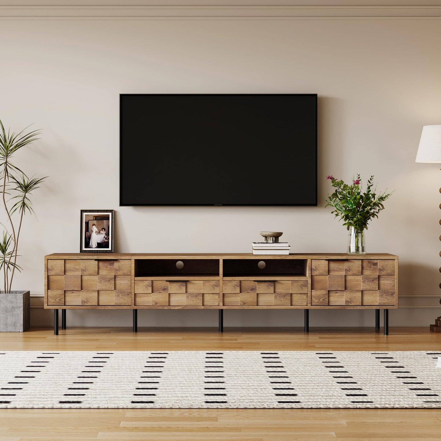 LKTART 67" Mid Century Modern TV Stand for 65/70/75/80" TVs,Entertainment Center with Sliding Doors and Drawers,Media Console for Living Room