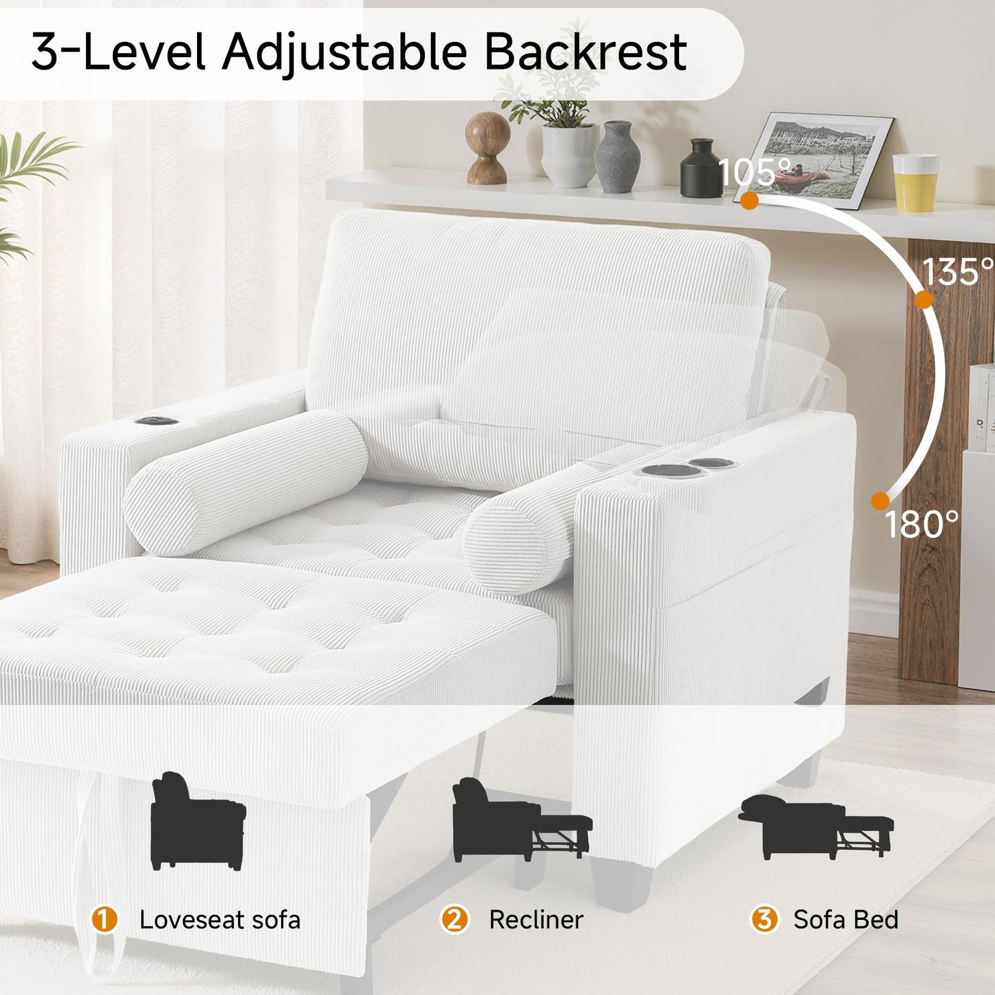 Sleeper Sofa Chair Bed, 3-in-1 Convertible Sleeper Chair with Pull Out Bed, Comfy Corduroy Sofa Bed Couch with Reclining Adjustable Backrest, USB Ports, Cup Holder, Side Pocket (Gray, 38.8")