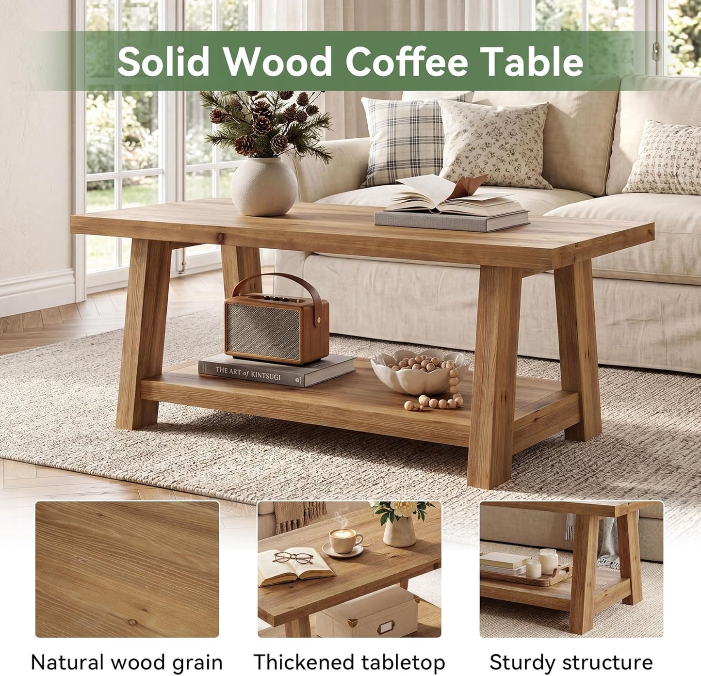 Rustic Solid Wood Coffee Table, 2-Tier Rectangle Accent Center Table with Lower Storage Shelf, Farmhouse Simple Cocktail Tea Tables with Sturdy Legs for Living Room, Brown