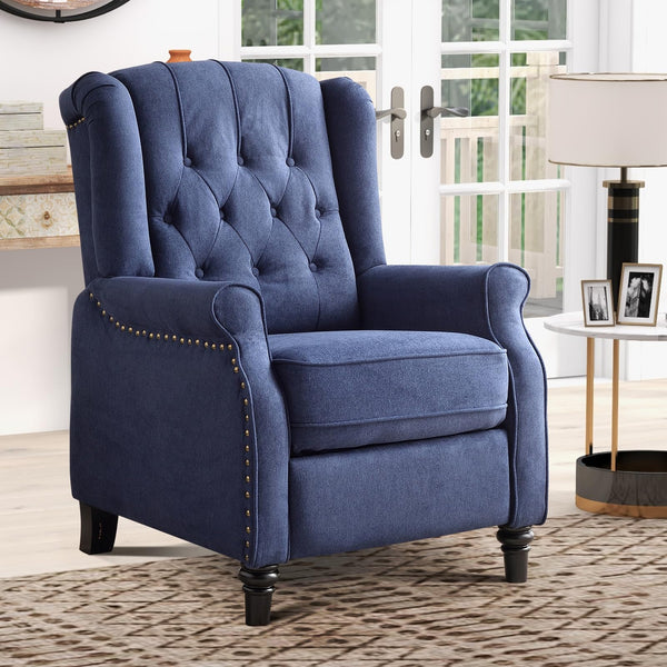 IOMOR Push Back Recliner Chair Fabric Lounge Armchair Pushback Recliner with Rivet Decoration Wingback Single Sofa Chair with Padded Seat for Living Room, Bedroom (1, Navy)