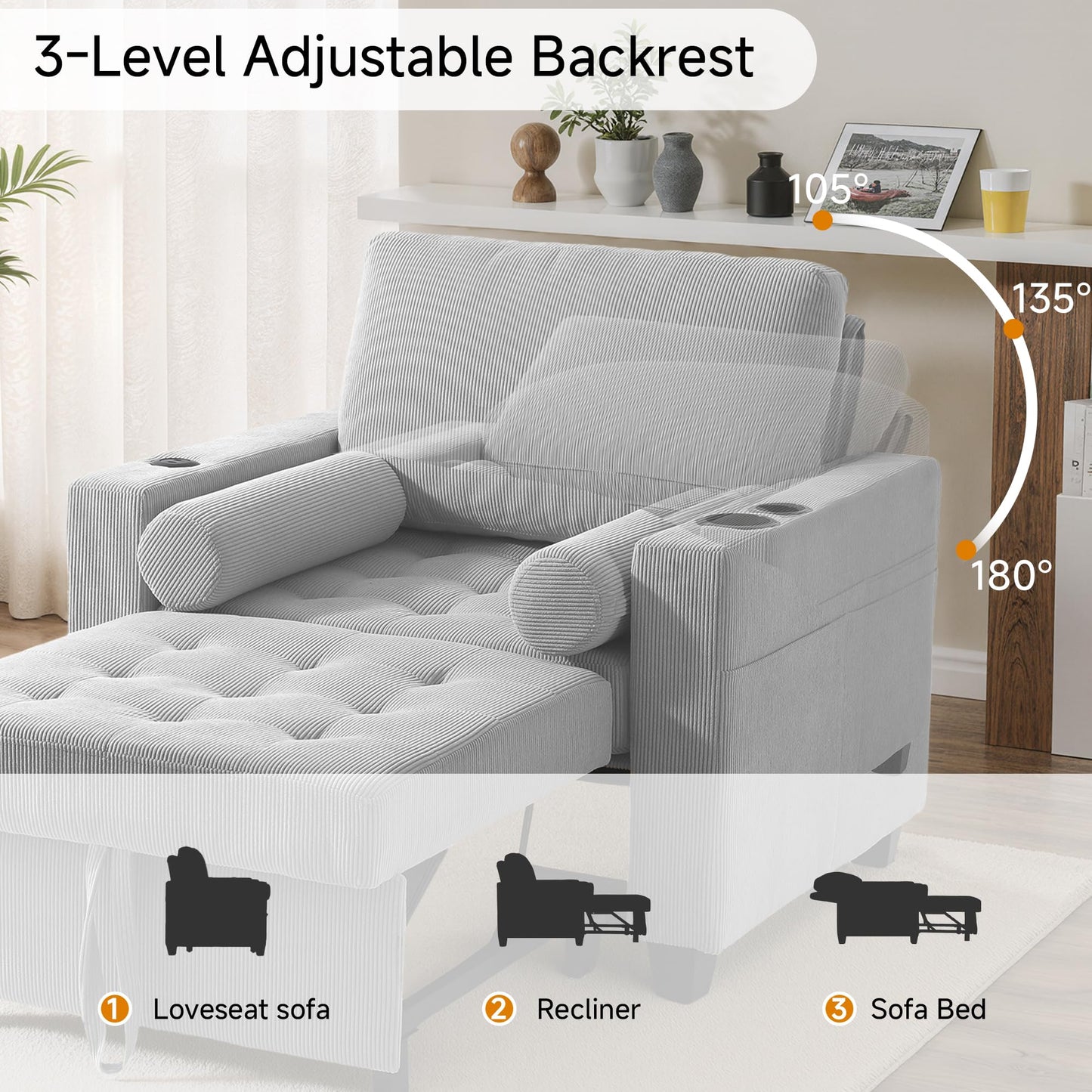 Sleeper Sofa Chair Bed, 3-in-1 Convertible Sleeper Chair with Pull Out Bed, Comfy Corduroy Sofa Bed Couch with Reclining Adjustable Backrest, USB Ports, Cup Holder, Side Pocket (Gray, 38.8")