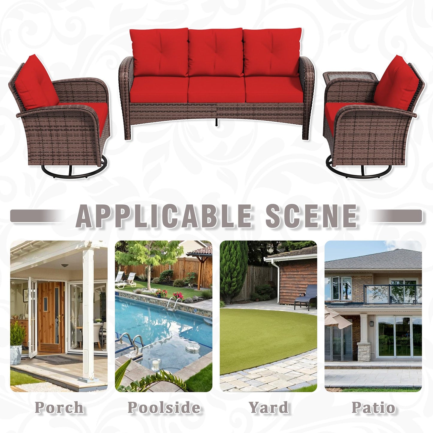 4 Piece Patio Conversation Set - 2 Swivel Chairs 1 Coffee Table 3-Seater Sofa, PE Wicker & Steel Patio Furniture with Heavy-Duty Steel Frame,Weatherproof Cushions, Red