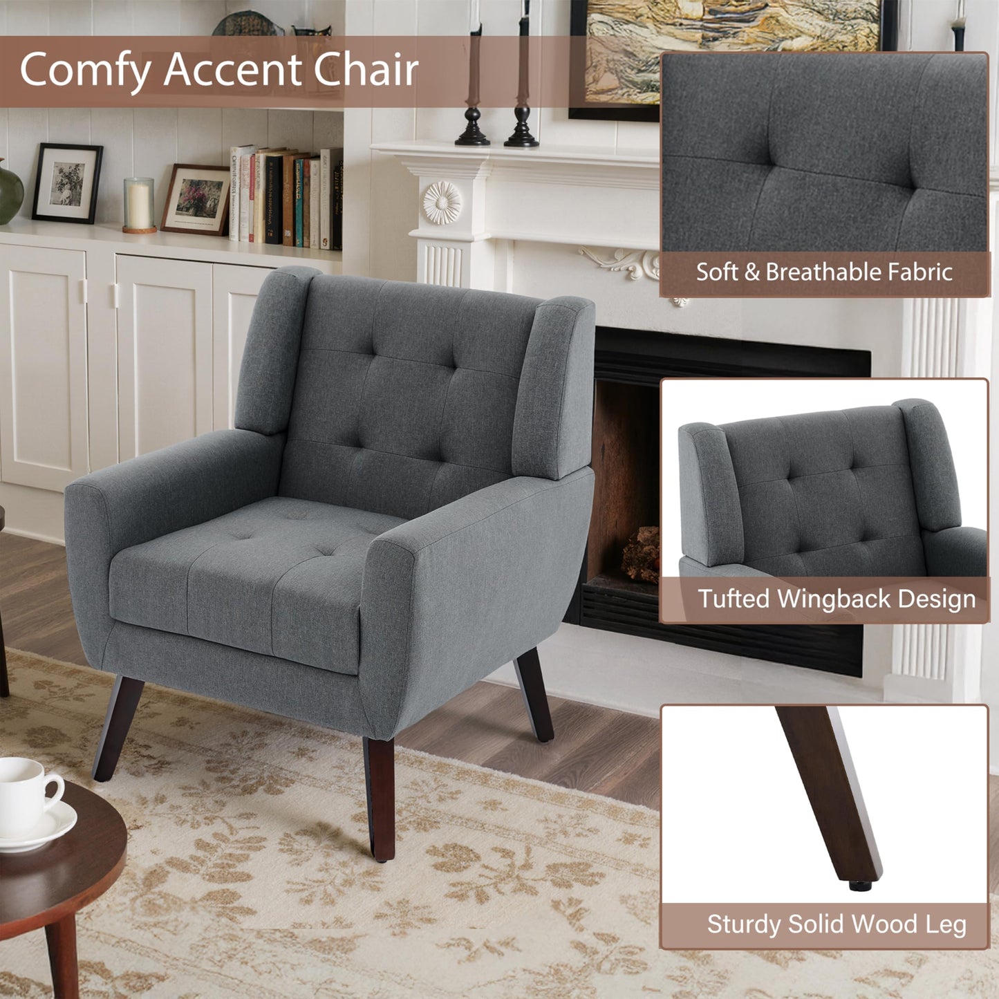 Faux Leather Accent Chairs Set of 2, Mid-Century Modern Upholstered Armchair, Comfy Living Room Chairs Reading Chairs with Button Tufted Back & Solid Wood Legs for Bedroom, Office, Black