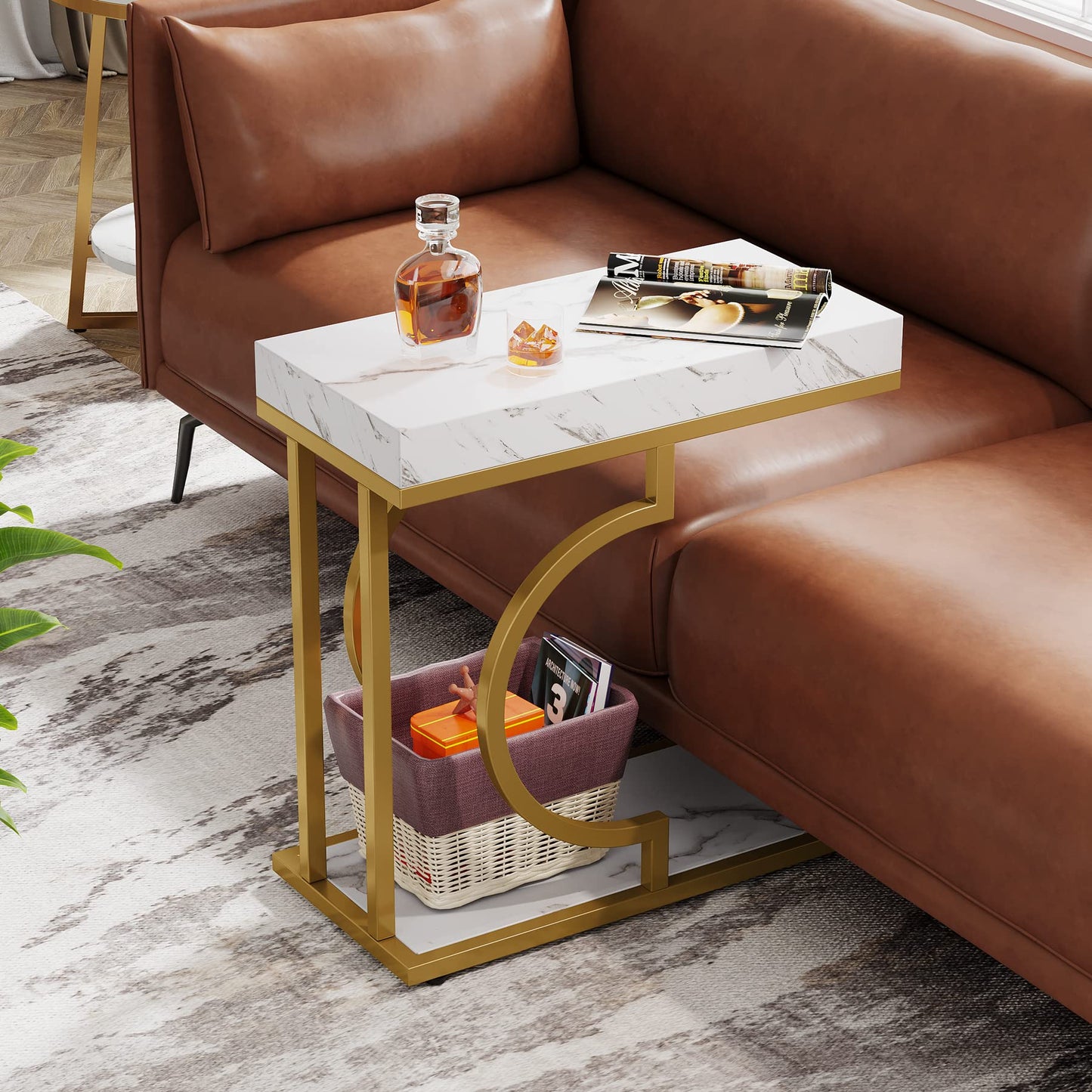 Tribesigns Narrow Side Table for Couch, C Shaped End Table with Metal Frame, Modern Bedside Tables, Small Sofa Tables for Small Spaces, Living Room (1, Brown+Black)