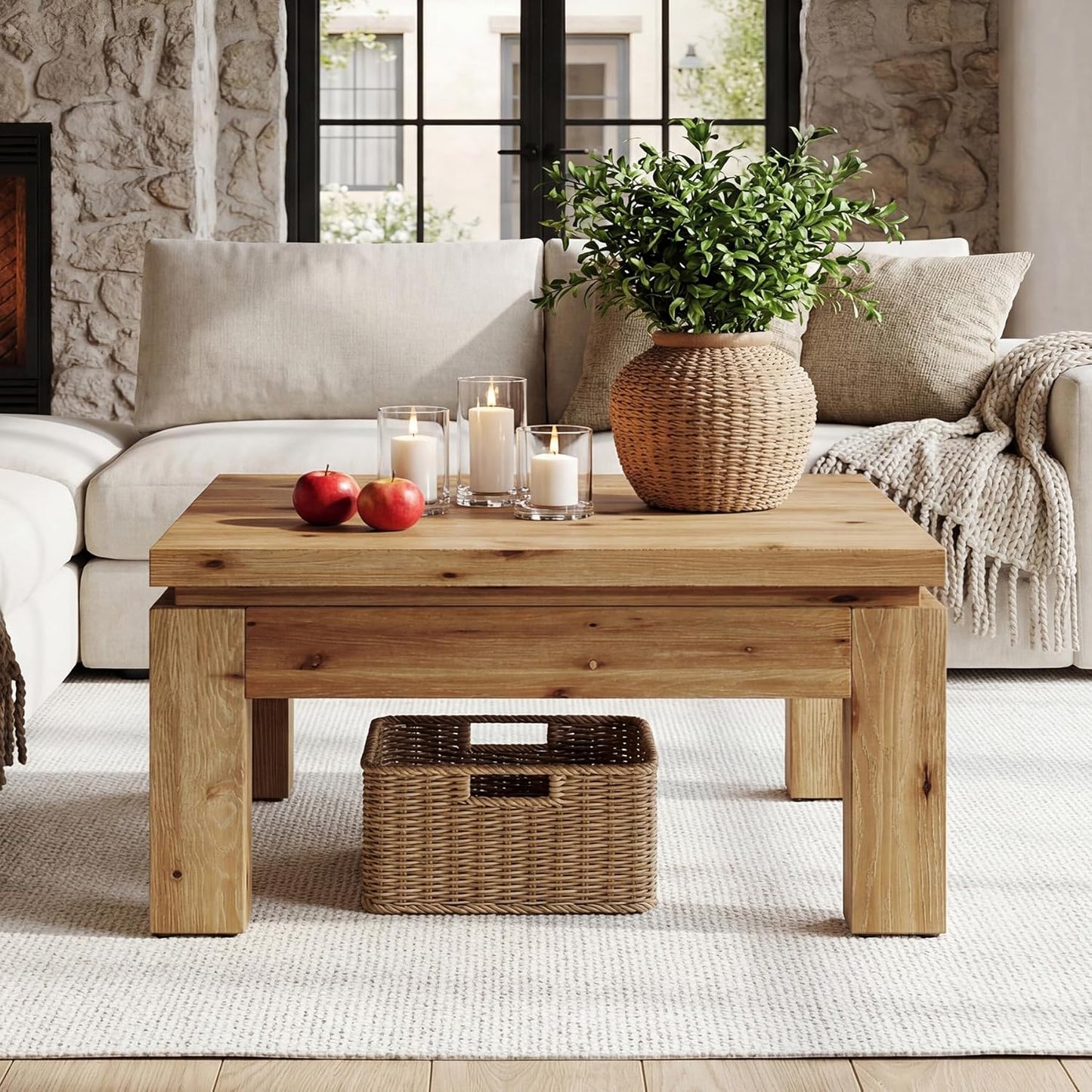 Farmhouse Coffee Table, 31.5" Solid Wood Square Coffee Table for Living Room, Apartment, Small Spaces (Natural Brown)