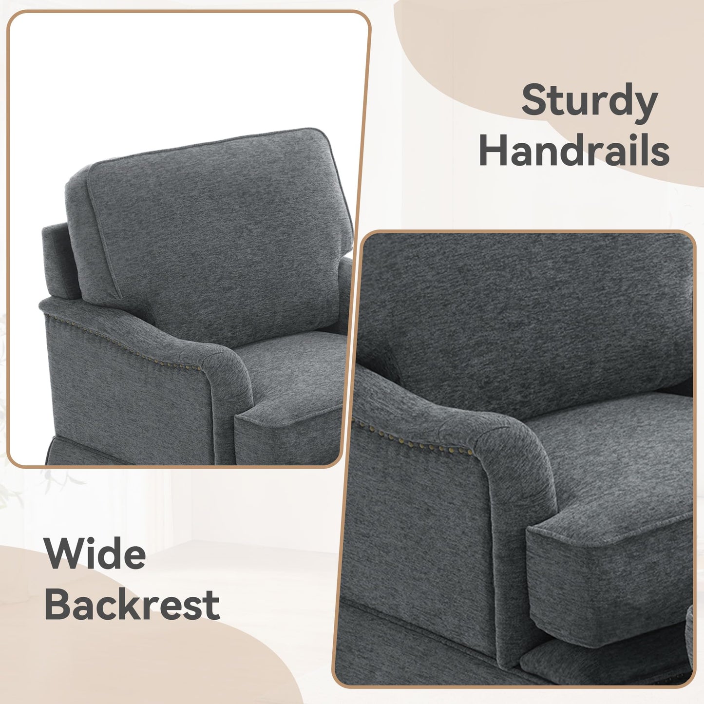 Swivel Accent Chair, 360° Swivel Upholstered Armchairs with Curved Arms, Comfy Chenille Fabric Lounge Reading Chairs for Living Room Bedroom Study, Metal Swivel Base, Tan