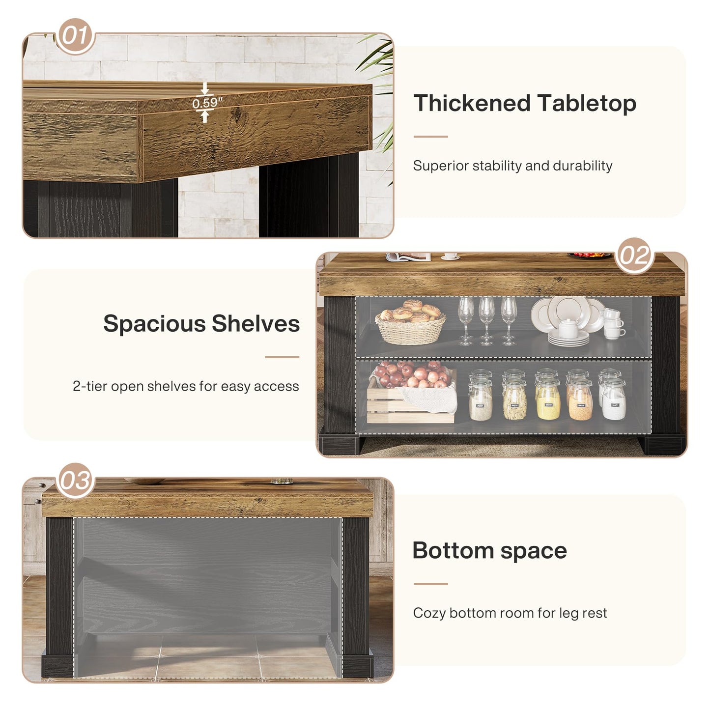 Tribesigns 55" Kitchen Island with Seating and Storage, 3-Tier Farmhouse Wood Stationary Island Table with Large Worktop & Leg Room, Coffee Bar Table with Storage Shelves for Kitchen, White and Brown