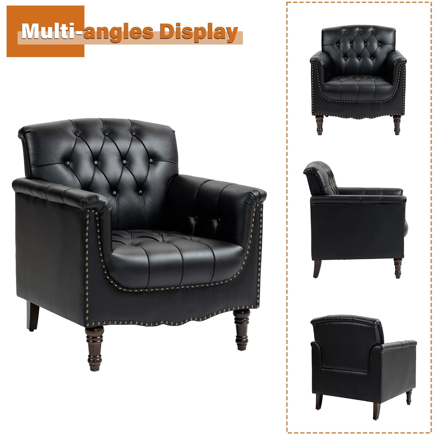 Faux Leather Club Chair, Retro Upholstered Armchair Accent Chair with Solid Wood Legs & Nailhead Trim for Living Room, Bedroom, Reading Room, Camel