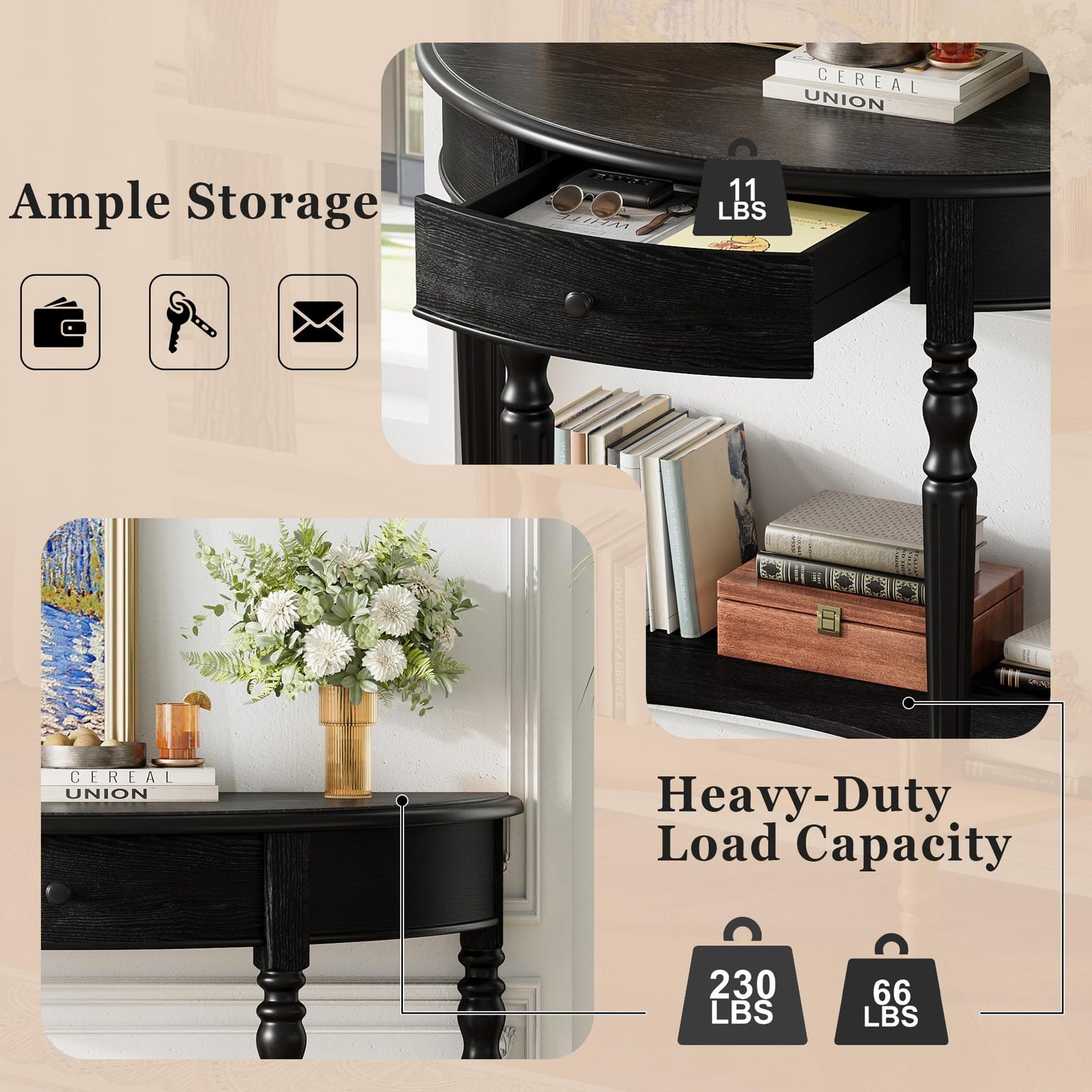 LKTART Small Solid Wood Sofa Table,Console Table with Drawers and Bottom Shelf, Entryway Hallway Foyer Entry Table for Living Room(23.7" Natural)
