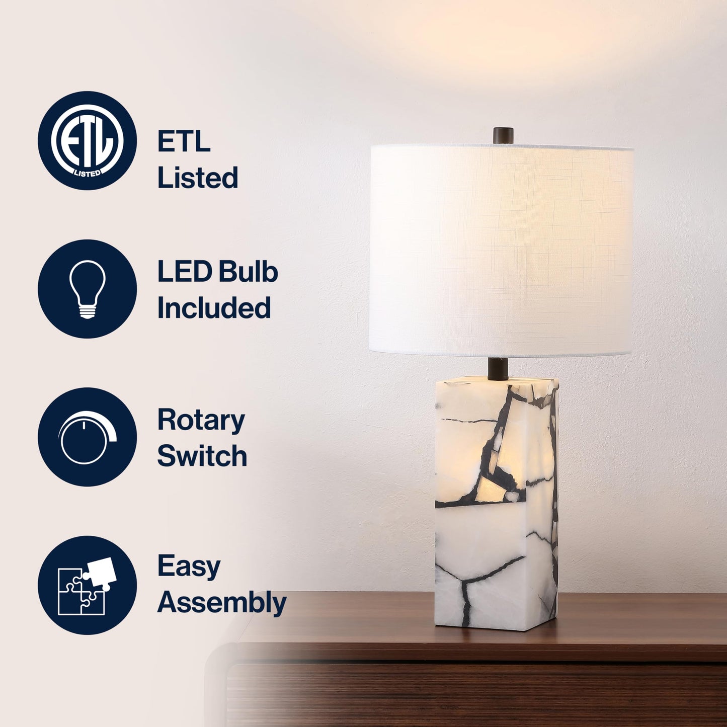 JONATHAN Y 24.25" Black/White Modern Alabaster LED Table Lamp for Home Decor, White Linen Shade, Coastal Nightstand Lamp with Built-in Base Accent Light (JYL8507A)