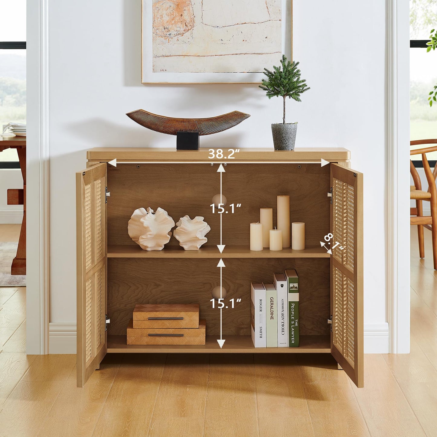 LKTART 63" Rattan Sideboard Buffet Cabinet,Kitchen Storage Cabinet,Wood Coffee Bars with 4 Doors & Open Storage Shelves,Mid Century Modern Credenza Console Table for Living Room,Walnut