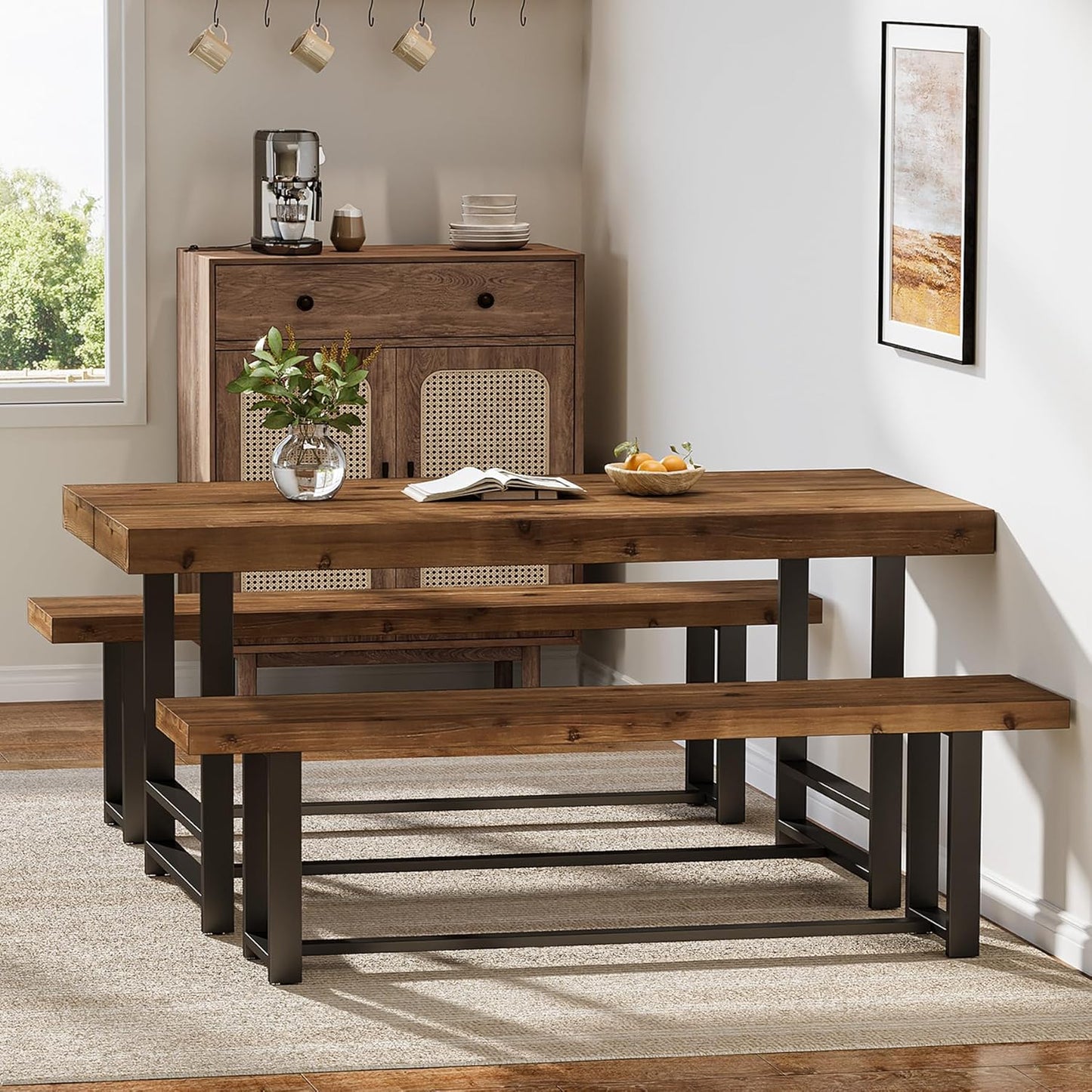 Solid Wood Dining Table Set for 4-6, 55.12" Industrial Farmhouse Kithcen Table with 2 Benches, Space Saving 3-Piece Rectangle Dinette Set & Chairs for Dining Room, Breakfast Nook, Small Space