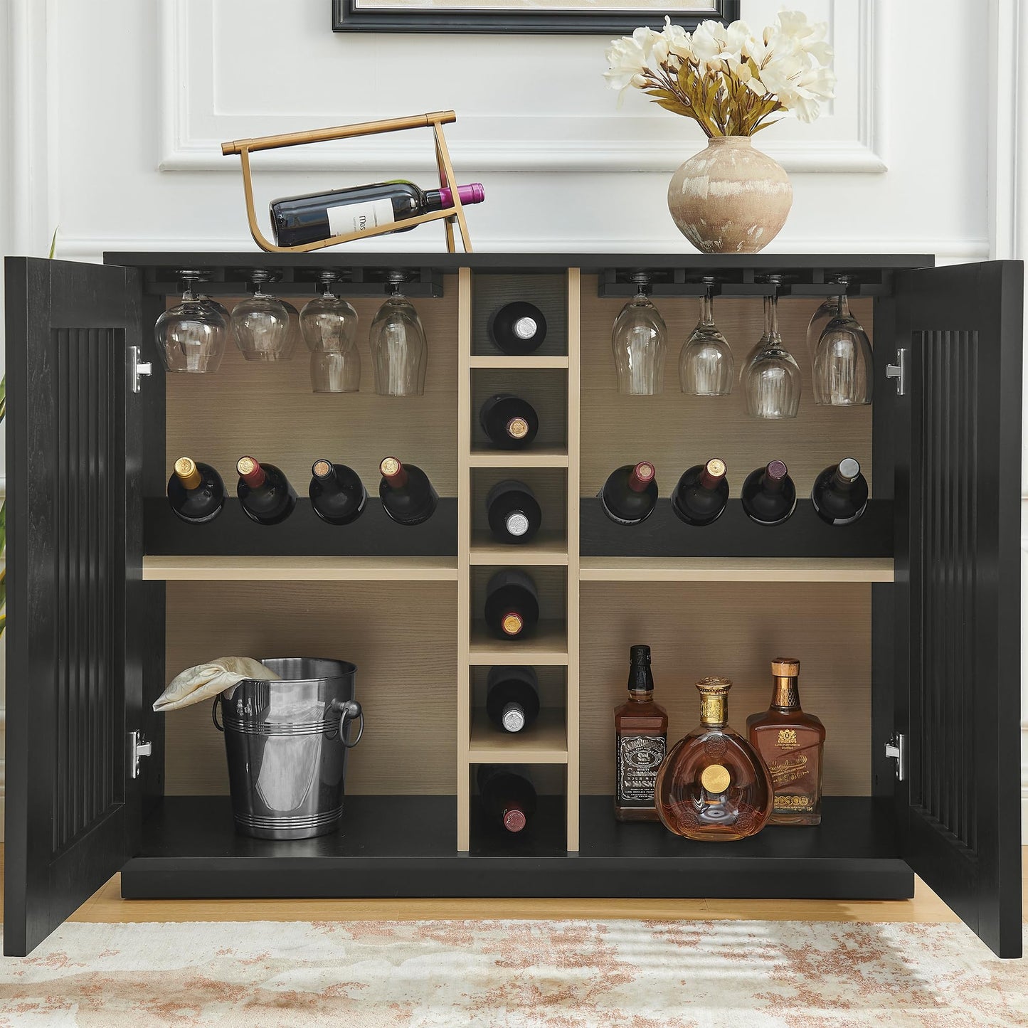 LKTART Wine Cabinet & Coffee Bar with Bottle Holders & Stemware Racks,Liquor Cabinet with Open Storage and Built-in Door Shelves,Bar Cabinet with Solid Wood Legs and Adjustable Shelf