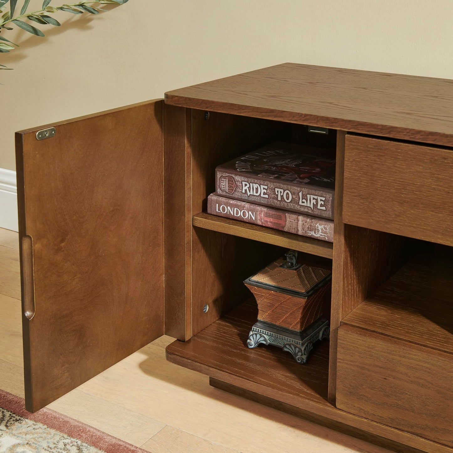 LKTART Mid Century Modern Rattan TV Stand for 65 Inch TV,59" Boho Media Console with Sliding Doors & Open Shelves,Solid Wood Legs for Living Room,Light Walnut
